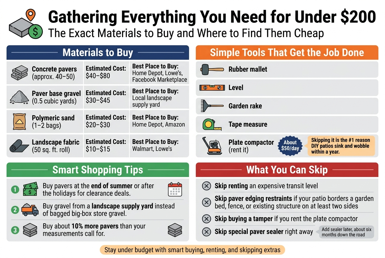 Create a clean, professional full-bleed infographic in a 3:2 aspect ratio with a wide horizontal layout, no poster frame, no inset margins. Use a bright home-improvement style palette of navy blue, orange, green, light gray, and white, with bold sans-serif headings and smaller readable sans-serif body text. Add a large bold title at the top: "Gathering Everything You Need for Under $200" and a subtitle beneath it: "The Exact Materials to Buy and Where to Find Them Cheap"Use a clear 2-column wide layout with four main content blocks across the middle and a bottom tip strip. Include simple flat icons for each section.Top section: title spanning the full width, with a small icon of a paver and dollar sign on the left of the title.Middle left block titled "Materials to Buy" with a grid or table style layout showing four rows, each with a small icon and bold item name:- "Concrete pavers (approx. 40โ50)" โ "Estimated Cost: $40โ$80" โ "Best Place to Buy: Home Depot, Lowe's, Facebook Marketplace"- "Paver base gravel (0.5 cubic yards)" โ "Estimated Cost: $30โ$45" โ "Best Place to Buy: Local landscape supply yard"- "Polymeric sand (1โ2 bags)" โ "Estimated Cost: $20โ$30" โ "Best Place to Buy: Home Depot, Amazon"- "Landscape fabric (50 sq. ft. roll)" โ "Estimated Cost: $10โ$15" โ "Best Place to Buy: Walmart, Lowe's"Use icons: stacked concrete pavers, gravel pile, sand bag, rolled fabric.Middle right block titled "Simple Tools That Get the Job Done" with five horizontal tool entries and icons:- "Rubber mallet"- "Level"- "Garden rake"- "Tape measure"- "Plate compactor (rent it)"Add a small callout badge beside plate compactor: "About $50/day" and a warning note in a highlighted box: "Skipping it is the #1 reason DIY patios sink and wobble within a year."Use icons: mallet, bubble level, rake, tape measure, compactor machine.Bottom left block titled "Smart Shopping Tips" with 3 numbered points in a checklist style and small money-saving icons:1. "Buy pavers at the end of summer or after the holidays for clearance deals."2. "Buy gravel from a landscape supply yard instead of bagged big-box store gravel."3. "Buy about 10% more pavers than your measurements call for."Use icons: calendar, truck or gravel yard, extra paver stack.Bottom right block titled "What You Can Skip" with 4 short skip items in a clean list with X-mark icons:- "Skip renting an expensive transit level"- "Skip paver edging restraints if your patio borders a garden bed, fence, or existing structure on at least two sides"- "Skip buying a tamper if you rent the plate compactor"- "Skip special paver sealer right away"Add a small note badge: "Add sealer later, about six months down the road"Use bold section headers in colored bars, subtle divider lines, and plenty of spacing. Keep all text crisp and legible. Add a small footer callout centered along the bottom in an orange highlight bar: "Stay under budget with smart buying, renting, and skipping extras"