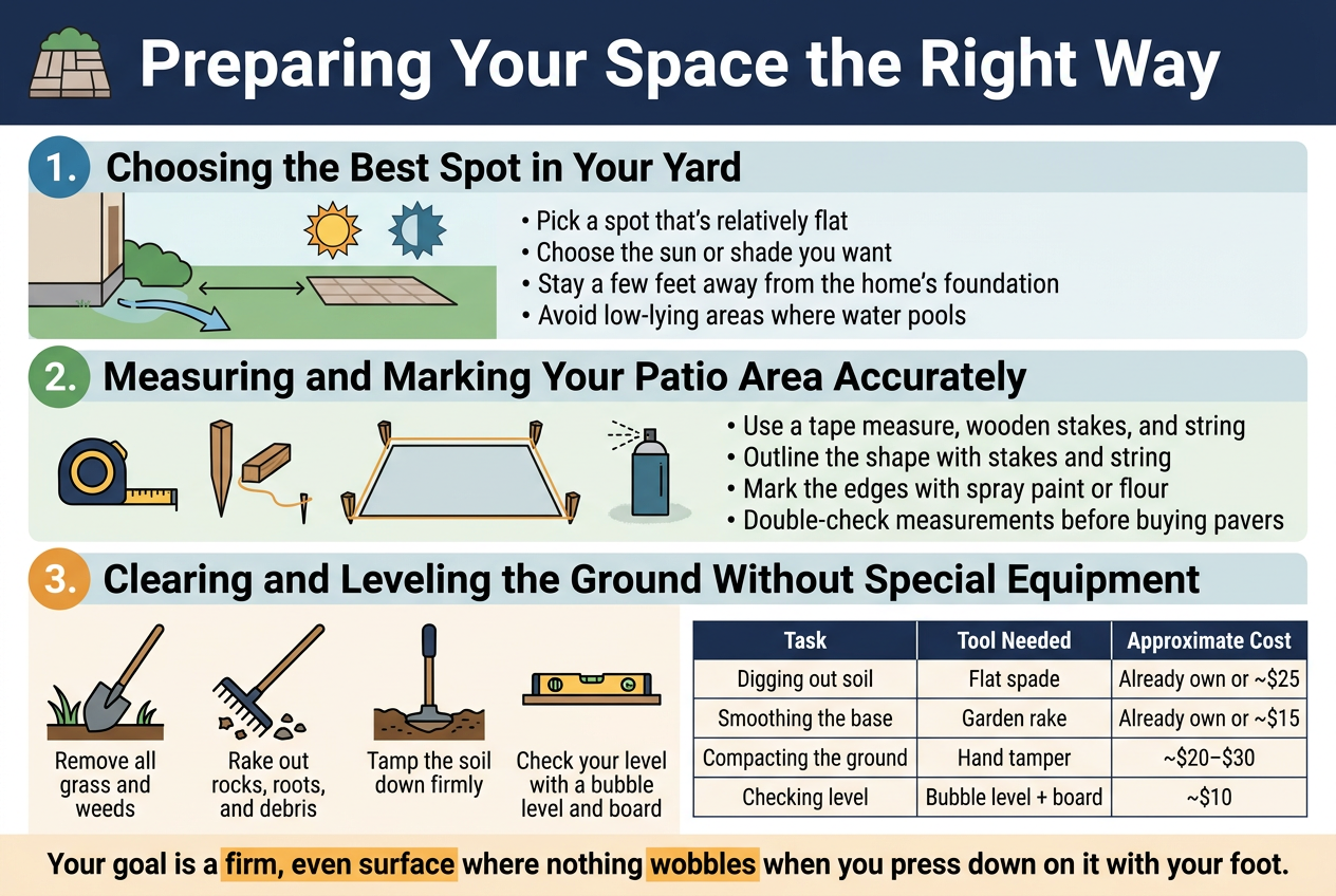 Create a clean, professional full-bleed infographic in a 3:2 aspect ratio with a modern home-improvement style. Use a light background with navy, teal, green, and warm orange accents. Use bold sans-serif typography for headings and smaller readable sans-serif body text. Top banner across the full width: large bold title text, "Preparing Your Space the Right Way". Place a small patio/paver icon beside the title.Below the title, divide the infographic into three wide horizontal sections with clear visual separation and numbered labels in colored circles:1. Left wide section: heading text, "1. Choosing the Best Spot in Your Yard" Include a simple yard illustration with a house foundation on one side, a patio area marked farther away, sun and shade icons, and a drainage arrow flowing away from a low spot. Add short bullet text: โข "Pick a spot that's relatively flat" โข "Choose the sun or shade you want" โข "Stay a few feet away from the home's foundation" โข "Avoid low-lying areas where water pools"2. Middle wide section: heading text, "2. Measuring and Marking Your Patio Area Accurately" Include a tape measure icon, wooden stakes at corners, string outline forming a patio shape, and a spray paint can or flour marking the ground. Show a simple rectangular patio outline with corner markers. Add short bullet text: โข "Use a tape measure, wooden stakes, and string" โข "Outline the shape with stakes and string" โข "Mark the edges with spray paint or flour" โข "Double-check measurements before buying pavers"3. Bottom wide section: heading text, "3. Clearing and Leveling the Ground Without Special Equipment" Split this section into two columns: left side shows four small step icons in a row or grid; right side shows a compact tool-cost table. Left side include icons for a flat spade cutting turf, a garden rake clearing debris, a hand tamper compacting soil, and a bubble level on a straight board. Add these step captions: โข "Remove all grass and weeds" โข "Rake out rocks, roots, and debris" โข "Tamp the soil down firmly" โข "Check your level with a bubble level and board" Right side include a neat table with header row and three columns labeled exactly: "Task", "Tool Needed", "Approximate Cost" Fill the table with these rows: "Digging out soil | Flat spade | Already own or ~$25" "Smoothing the base | Garden rake | Already own or ~$15" "Compacting the ground | Hand tamper | ~$20โ$30" "Checking level | Bubble level + board | ~$10"At the bottom, add a bold closing statement in a highlighted strip: "Your goal is a firm, even surface where nothing wobbles when you press down on it with your foot."Use clear iconography, organized spacing, and strong visual hierarchy. Keep all text crisp, legible, and exactly as written. Avoid narrow vertical stacking; use wide horizontal panels and balanced multi-column layout.