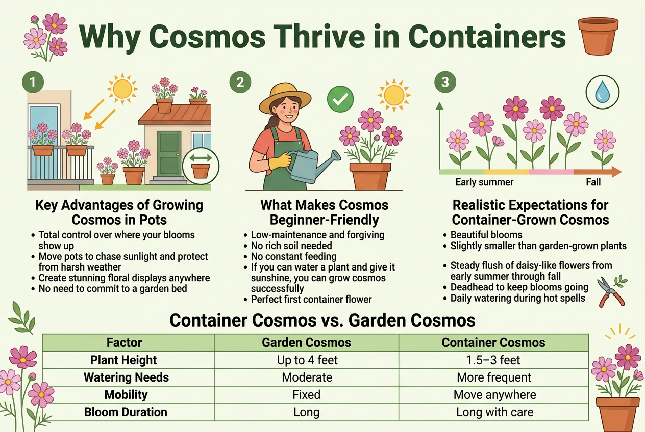 Create a clean, professional full-bleed infographic in a 3:2 horizontal aspect ratio with a bright garden-inspired color palette of coral, yellow, soft green, sky blue, and white, using modern sans-serif fonts with a bold title and clear section hierarchy.Top across the full width: a large bold heading in dark green text, "Why Cosmos Thrive in Containers". Add a small illustrated cosmos flower cluster and a terracotta pot icon beside the title.Main layout: three wide horizontal content blocks across the center, each with a numbered circle icon and a simple flat illustration.Left block: a large container garden illustration showing cosmos pots on a balcony, patio, doorstep, and rooftop with sunlight arrows and a movable pot icon. Add the heading text, "Key Advantages of Growing Cosmos in Pots", and these short lines beneath it:"• Total control over where your blooms show up""• Move pots to chase sunlight and protect from harsh weather""• Create stunning floral displays anywhere""• No need to commit to a garden bed"Middle block: a cheerful beginner gardener holding a watering can next to easy-to-grow cosmos in a pot, with a checkmark icon and sun icon. Add the heading text, "What Makes Cosmos Beginner-Friendly", and these short lines beneath it:"• Low-maintenance and forgiving""• No rich soil needed""• No constant feeding""• If you can water a plant and give it sunshine, you can grow cosmos successfully""• Perfect first container flower"Right block: a bloom timeline and watering graphic with cosmos flowers from early summer to fall, plus a droplet icon and deadheading snips icon. Add the heading text, "Realistic Expectations for Container-Grown Cosmos", and these short lines beneath it:"• Beautiful blooms""• Slightly smaller than garden-grown plants""• Steady flush of daisy-like flowers from early summer through fall""• Deadhead to keep blooms going""• Daily watering during hot spells"Bottom wide section: a clean comparison table with a light green header row and thin grid lines, centered across the lower third of the infographic. Title above the table in bold: "Container Cosmos vs. Garden Cosmos". Include exactly these column headers and values:"Factor" | "Garden Cosmos" | "Container Cosmos""Plant Height" | "Up to 4 feet" | "1.5–3 feet""Watering Needs" | "Moderate" | "More frequent""Mobility" | "Fixed" | "Move anywhere""Bloom Duration" | "Long" | "Long with care"Use small decorative cosmos flowers, leaf accents, sun rays, and pot icons around the edges, but keep the composition open, balanced, and easy to read.