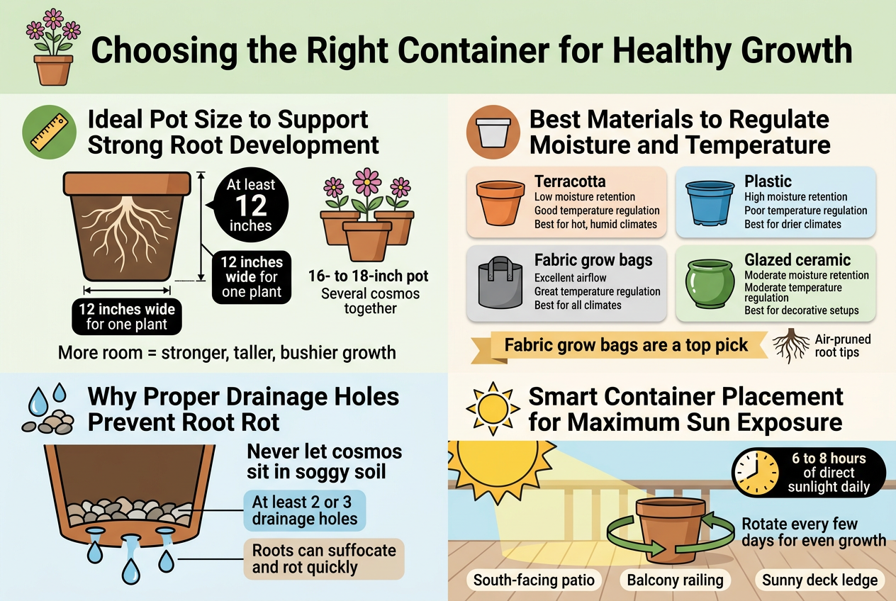 Create a clean, professional infographic illustration in a full-bleed 3:2 landscape layout with no frame and no inset margins. Use a fresh garden palette of leafy green, sky blue, terracotta orange, warm beige, and charcoal text. Use bold sans-serif typography for headings and clear readable sans-serif for body text. Top header spanning the full width: large bold title text, "Choosing the Right Container for Healthy Growth". Add a small potted cosmos plant icon near the title.Below the title, arrange four wide horizontal content sections in a two-column grid or stacked band layout, with clear visual separation and plenty of white space.Section 1 on the upper left: heading text, "Ideal Pot Size to Support Strong Root Development". Show a large pot icon with root lines spreading outward. Include two measurement callouts in bold badges: "At least 12 inches deep" and "12 inches wide for one plant". Add a second smaller pot cluster icon with the text "16- to 18-inch pot" and "Several cosmos together". Include a short supporting line: "More room = stronger, taller, bushier growth".Section 2 on the upper right: heading text, "Best Materials to Regulate Moisture and Temperature". Display four material cards in a neat 2x2 grid with colored icons and short labels:- Terracotta: orange clay pot icon, text "Low moisture retention" and "Good temperature regulation" and "Best for hot, humid climates"- Plastic: blue plastic pot icon, text "High moisture retention" and "Poor temperature regulation" and "Best for drier climates"- Fabric grow bags: gray fabric bag icon, text "Excellent airflow" and "Great temperature regulation" and "Best for all climates"- Glazed ceramic: glossy green ceramic pot icon, text "Moderate moisture retention" and "Moderate temperature regulation" and "Best for decorative setups"Add a highlighted ribbon under the cards: "Fabric grow bags are a top pick" and a small root icon with air-pruned root tips.Section 3 across the lower left: heading text, "Why Proper Drainage Holes Prevent Root Rot". Show a cutaway pot bottom with 2 or 3 visible drainage holes, water droplets flowing out, and a small layer of pebbles at the base. Add bold warning text: "Never let cosmos sit in soggy soil". Add two short callouts: "At least 2 or 3 drainage holes" and "Roots can suffocate and rot quickly".Section 4 across the lower right: heading text, "Smart Container Placement for Maximum Sun Exposure". Show a sunny patio, balcony railing, or deck ledge scene with a pot placed in bright sunlight. Include a large sun icon and a clock-like sun badge with text, "6 to 8 hours of direct sunlight daily". Add a curved arrow around the pot and text, "Rotate every few days for even growth". Include small placement labels: "South-facing patio", "Balcony railing", "Sunny deck ledge".Use small matching icons for each section: ruler, pot, droplets, pebbles, sun, and rotation arrow. Keep all text crisp, legible, and exactly as written. Use balanced spacing, strong hierarchy, and a modern educational infographic style.