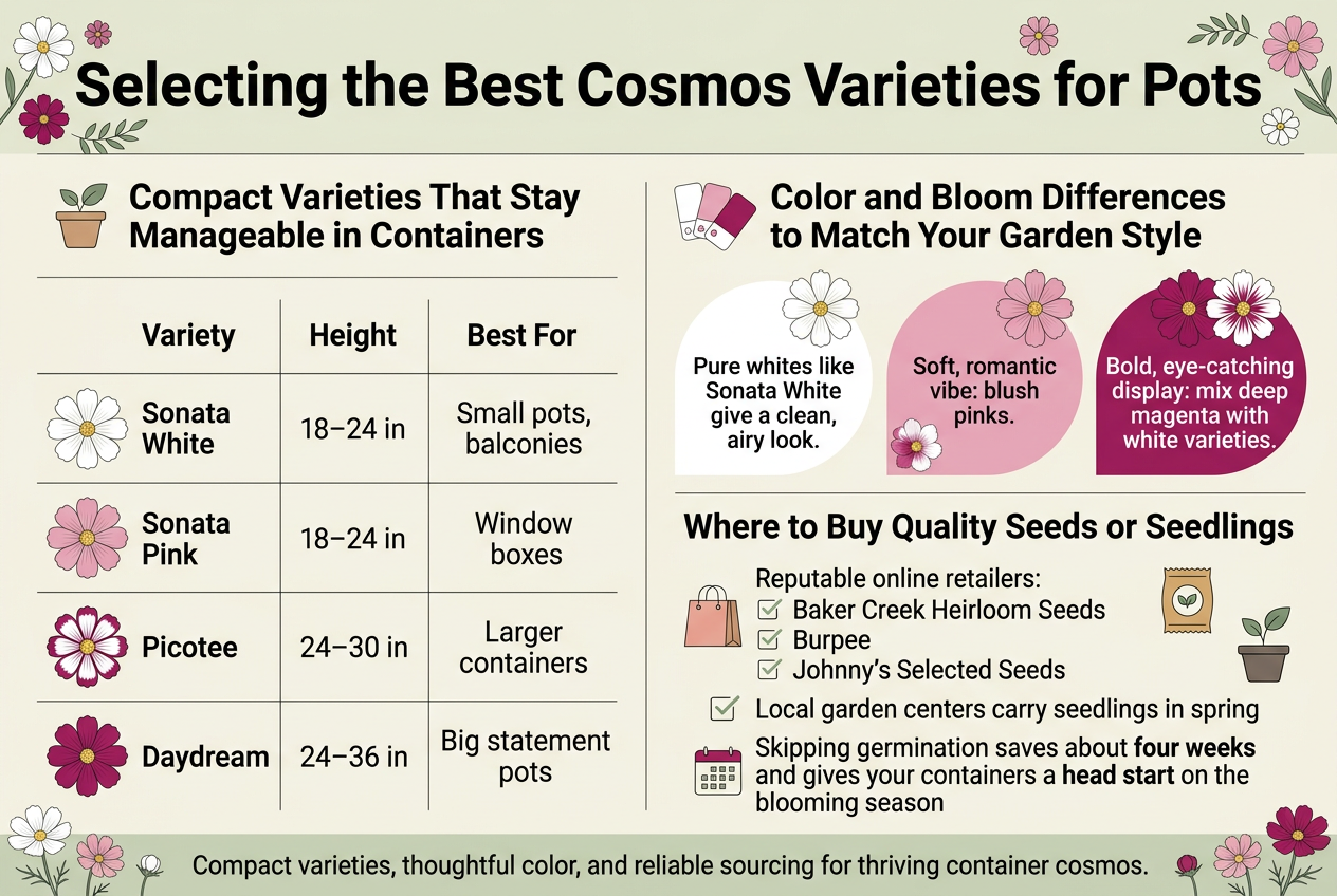 Create a clean, professional full-bleed infographic illustration in a 3:2 aspect ratio with a wide horizontal layout, soft botanical style, and modern editorial design. Use a light cream background with sage green, dusty pink, white, deep magenta, and warm charcoal accents. Use bold sans-serif typography for headings and a readable clean sans-serif for body text. No centered vertical poster stack; use three wide horizontal sections across the page.Top banner across the full width:Large bold title text: "Selecting the Best Cosmos Varieties for Pots"Add small decorative cosmos flower illustrations and leaf motifs near the title.Left wide section, titled with a bold subheading and a small pot icon:"Compact Varieties That Stay Manageable in Containers"Place a 4-row comparison table with clean lines and small flower icons in the first column. Include these exact entries:"Variety | Height | Best For""Sonata White | 18–24 in | Small pots, balconies""Sonata Pink | 18–24 in | Window boxes""Picotee | 24–30 in | Larger containers""Daydream | 24–36 in | Big statement pots"Add a small icon beside each variety: white bloom for Sonata White, pink bloom for Sonata Pink, bi-color bloom for Picotee, deep magenta bloom for Daydream.Center wide section, titled with a bold subheading and color swatches:"Color and Bloom Differences to Match Your Garden Style"Create three adjacent circular or rounded color panels with blooms:1) White panel with text: "Pure whites like Sonata White give a clean, airy look."2) Pink panel with text: "Soft, romantic vibe: blush pinks."3) Magenta and white mixed panel with text: "Bold, eye-catching display: mix deep magenta with white varieties."Use small paint-swatch or bloom icons to show color palette differences.Right wide section, titled with a bold subheading and seed packet icons:"Where to Buy Quality Seeds or Seedlings"Show a neat horizontal checklist with small shopping bag, seed packet, and nursery pot icons. Include these exact lines:"Reputable online retailers:""Baker Creek Heirloom Seeds""Burpee""Johnny's Selected Seeds""Local garden centers carry seedlings in spring""Skipping germination saves about four weeks and gives your containers a head start on the blooming season"Use a small calendar icon next to "about four weeks" and a sprout icon next to "head start on the blooming season".Bottom edge of the design:Add a subtle footer strip with small cosmos flowers and the text: "Compact varieties, thoughtful color, and reliable sourcing for thriving container cosmos."Keep the composition balanced, airy, and highly legible with clear section dividers, crisp text, and botanical accents.