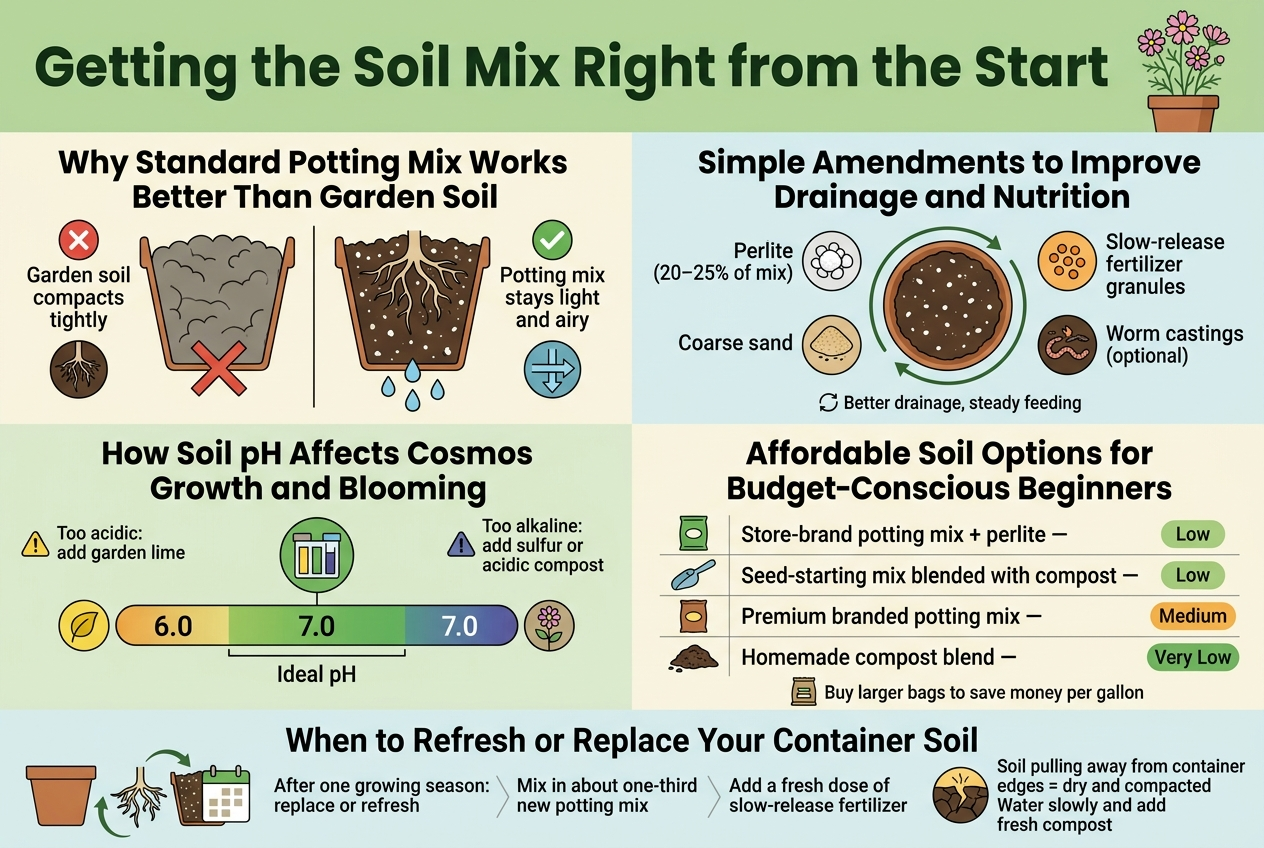 Create a clean, professional full-bleed infographic in a 3:2 aspect ratio about container soil for cosmos plants. Use a fresh garden palette of soil brown, leafy green, sky blue, cream, and small accents of yellow and orange. Use bold sans-serif typography with a clear hierarchy, strong headings, simple flat vector icons, and a wide multi-section layout with no poster frame.Top full-width header: large bold title in dark green, centered-left across the top:"Getting the Soil Mix Right from the Start"Add a small illustration of a healthy cosmos plant in a pot beside the title.Below the header, divide the canvas into four wide horizontal content blocks arranged in a 2x2 grid with clear spacing.Section 1 on the upper left: heading text "Why Standard Potting Mix Works Better Than Garden Soil"Show a split-side-by-side visual: left side a dense clumpy gray-brown soil mass in a pot with crossed-out roots and a red X icon; right side a light airy potting mix in a pot with visible roots, water droplets draining out, and a green checkmark icon. Add short caption text in a small readable font:"Garden soil compacts tightly""Potting mix stays light and airy"Include a root icon and a drainage arrow icon.Section 2 on the upper right: heading text "Simple Amendments to Improve Drainage and Nutrition"Show a potting mix bowl with four labeled ingredient icons arranged around it:"Perlite (20–25% of mix)" with white pebble icon"Coarse sand" with tan grain icon"Slow-release fertilizer granules" with small orange pellets icon"Worm castings (optional)" with small earthworm and compost iconAdd a small circular arrow icon around the bowl and a tiny note text:"Better drainage, steady feeding"Section 3 on the lower left: heading text "How Soil pH Affects Cosmos Growth and Blooming"Show a horizontal pH gauge from 6.0 to 7.0 with the center range highlighted in green and labeled:"6.0" "7.0" and "Ideal pH"Place a test kit icon near the gauge. Add two small side notes with simple icons:"Too acidic: add garden lime""Too alkaline: add sulfur or acidic compost"Include a yellow leaf icon and a weak flower icon near the “out of range” ends, and a healthy bloom icon in the green range.Section 4 on the lower right: heading text "Affordable Soil Options for Budget-Conscious Beginners"Show a clean comparison table-style block with four rows and small price badges. Include these exact rows:"Store-brand potting mix + perlite — Low""Seed-starting mix blended with compost — Low""Premium branded potting mix — Medium""Homemade compost blend — Very Low"Use simple bag, scoop, and compost icons next to each row. Add a small bottom note with a stacked bag icon:"Buy larger bags to save money per gallon"Add a bottom full-width strip across the entire infographic with the heading:"When to Refresh or Replace Your Container Soil"Show a seasonal cycle visual with a pot, old roots, fresh mix, and a calendar icon. Include three short action labels in sequence:"After one growing season: replace or refresh""Mix in about one-third new potting mix""Add a fresh dose of slow-release fertilizer"Also include a compact warning note with a cracked dry soil icon:"Soil pulling away from container edges = dry and compacted""Water slowly and add fresh compost"Use crisp spacing, strong iconography, and readable text blocks. Keep all text exactly as written above. No extra text, no borders, no frame, no 3D rendering, no photographic style, no clutter.