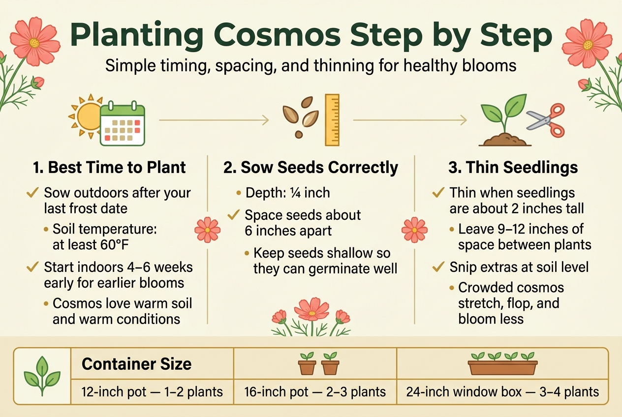 Create a clean, professional full-bleed infographic in a 3:2 aspect ratio about planting cosmos flowers. Use a bright botanical color palette with soft cream background, fresh green accents, coral pink flowers, and warm golden highlights. Use modern sans-serif typography with a bold title at the top.Top header across the full width:Large bold title text: "Planting Cosmos Step by Step"Small subtitle beneath: "Simple timing, spacing, and thinning for healthy blooms"Layout: use a wide three-section horizontal flow across the center, with numbered steps and clear icons. Add subtle line dividers and small floral accents. Avoid narrow vertical stacking.Section 1 on the left, with a sun and calendar icon:Header text: "1. Best Time to Plant"Body text:"Sow outdoors after your last frost date""Soil temperature: at least 60°F""Start indoors 4–6 weeks early for earlier blooms""Cosmos love warm soil and warm conditions"Section 2 in the center, with a seed and ruler icon:Header text: "2. Sow Seeds Correctly"Body text:"Depth: ¼ inch""Space seeds about 6 inches apart""Keep seeds shallow so they can germinate well"Section 3 on the right, with a seedling and scissors icon:Header text: "3. Thin Seedlings"Body text:"Thin when seedlings are about 2 inches tall""Leave 9–12 inches of space between plants""Snip extras at soil level""Crowded cosmos stretch, flop, and bloom less"Bottom band spanning the full width with a simple container sizing table in a neat grid, using a leaf icon and small pot illustrations:Header text: "Container Size"Table text:"12-inch pot — 1–2 plants""16-inch pot — 2–3 plants""24-inch window box — 3–4 plants"Use small visual markers beside each key line, such as checkmarks, dots, and tiny seed/flower icons. Keep the text crisp, readable, and evenly spaced. Ensure the entire composition feels airy, balanced, and easy to scan.