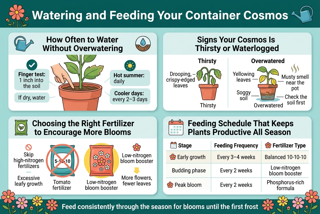 Create a clean, professional full-bleed infographic illustration in a 3:2 aspect ratio about container cosmos care, with a bright garden-inspired palette of teal, leafy green, sunny yellow, coral, and white, using modern sans-serif typography with a bold title and clear section headers.Top across the full width: large bold heading text, “Watering and Feeding Your Container Cosmos”, with a small illustrated cosmos flower and watering can icon beside it.Below the heading, divide the design into four wide horizontal content blocks arranged in a balanced two-by-two grid, not a narrow vertical stack:1) Left upper block: title text “How Often to Water Without Overwatering” with a blue watering can icon and a soil/moisture icon. Include a simple visual of a hand finger checking soil in a pot. Add short text callouts:“Finger test: 1 inch into the soil”“If dry, water”“Hot summer: daily”“Cooler days: every 2–3 days”2) Right upper block: title text “Signs Your Cosmos Is Thirsty or Waterlogged” with two side-by-side plant icons: one drooping plant with crispy leaf edges labeled “Thirsty”, and one yellowing plant beside soggy soil and a small odor wave icon labeled “Overwatered”. Include these visible captions:“Drooping, crispy-edged leaves”“Yellowing leaves”“Soggy soil”“Musty smell near the pot”“Check the soil first”3) Left lower block: title text “Choosing the Right Fertilizer to Encourage More Blooms” with fertilizer bag icons. Show one crossed-out high-nitrogen bag with leafy growth, and one highlighted bloom-boost fertilizer bag with flower icons. Add visible text:“Skip high-nitrogen fertilizers”“5-10-10”“Tomato fertilizer”“Low-nitrogen bloom booster”“More flowers, fewer leaves”4) Right lower block: title text “Feeding Schedule That Keeps Plants Productive All Season” with a clean 3-row table style and small calendar and flower icons. Include the table text exactly:“Stage”“Feeding Frequency”“Fertilizer Type”“Early growth”“Every 3–4 weeks”“Balanced 10-10-10”“Budding phase”“Every 2 weeks”“Low-nitrogen bloom booster”“Peak bloom”“Every 2 weeks”“Phosphorus-rich formula”Add a slim bottom banner across the full width with a row of blooming cosmos flowers and the closing line:“Feed consistently through the season for blooms until the first frost”Use clear icon markers, soft shadows, rounded content cards, ample contrast, and a polished editorial infographic style. Keep all text crisp, legible, and evenly spaced.