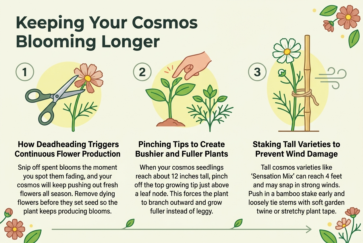 Create a full-bleed infographic illustration in a clean modern gardening style, aspect ratio 3:2, with a light cream background, fresh green accents, soft yellow highlights, and muted terracotta details. Use a bold sans-serif title at the top left: “Keeping Your Cosmos Blooming Longer”. Arrange the content in three wide horizontal sections across the page, each with a numbered circle icon, a simple garden illustration, and a bold subheading with short body text. Use clear visual hierarchy, dark charcoal text, and bright botanical icons.Section 1 on the left: a numbered circle “1” beside an icon of scissors snipping a fading cosmos flower. Bold subheading: “How Deadheading Triggers Continuous Flower Production”. Body text beneath: “Snip off spent blooms the moment you spot them fading, and your cosmos will keep pushing out fresh flowers all season. Remove dying flowers before they set seed so the plant keeps producing blooms.”Section 2 in the center: a numbered circle “2” beside an icon of fingertips pinching the top of a young cosmos seedling above a leaf node, with a fuller branching plant shown below. Bold subheading: “Pinching Tips to Create Bushier and Fuller Plants”. Body text beneath: “When your cosmos seedlings reach about 12 inches tall, pinch off the top growing tip just above a leaf node. This forces the plant to branch outward and grow fuller instead of leggy.”Section 3 on the right: a numbered circle “3” beside an icon of a tall cosmos stem tied to a bamboo stake with soft twine, with a small wind swirl symbol nearby. Bold subheading: “Staking Tall Varieties to Prevent Wind Damage”. Body text beneath: “Tall cosmos varieties like ‘Sensation Mix’ can reach 4 feet and may snap in strong winds. Push in a bamboo stake early and loosely tie stems with soft garden twine or stretchy plant tape.”Include small decorative cosmos flowers and leaves in the corners, a subtle wind icon near section 3, and a simple growth arrow motif across the bottom. Keep the layout wide, balanced, and easy to read, with no frame, no poster border, and no vertical stack.