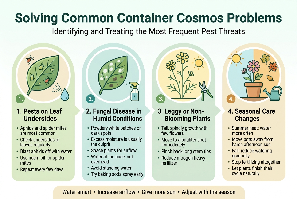 Create a clean professional infographic illustration in a wide 3:2 aspect ratio, full-bleed layout, with a fresh garden color palette of green, teal, soft yellow, and light beige accents. Use a bold sans-serif title at the top: "Solving Common Container Cosmos Problems". Place a smaller subtitle beneath it: "Identifying and Treating the Most Frequent Pest Threats". Use a horizontal 4-section layout across the page, each section in a rounded rectangular panel with an icon, a numbered heading, and short bullet text. Keep typography clear, modern, and highly legible.Section 1 on the left: a circular icon of a leaf underside with small aphids and spider mites, plus a water spray symbol. Heading text: "1. Pests on Leaf Undersides". Body text in short lines:"Aphids and spider mites are most common""Check undersides of leaves regularly""Blast aphids off with water""Use neem oil for spider mites""Repeat every few days"Section 2 left-center: a circular icon of a leaf with white powdery spots, dark spots, and a small spray bottle. Heading text: "2. Fungal Disease in Humid Conditions". Body text:"Powdery white patches or dark spots""Excess moisture is usually the culprit""Space plants for airflow""Water at the base, not overhead""Avoid standing water""Try baking soda spray early"Section 3 right-center: a circular icon of a tall leggy cosmos plant with few flowers, a sun icon, and pruning shears. Heading text: "3. Leggy or Non-Blooming Plants". Body text:"Tall, spindly growth with few flowers""Move to a brighter spot immediately""Pinch back long stem tips""Reduce nitrogen-heavy fertilizer"Section 4 on the right: a circular icon showing a potted cosmos under a sun and then autumn leaves, with a watering can. Heading text: "4. Seasonal Care Changes". Body text:"Summer heat: water more often""Move pots away from harsh afternoon sun""Fall: reduce watering gradually""Stop fertilizing altogether""Let plants finish their cycle naturally"Use small numbered badges for each section, simple line icons, and subtle connecting arrows or separators to guide reading left to right. Add a small bottom strip with a checklist style summary: "Water smart • Increase airflow • Give more sun • Adjust with the season". White or very light background, crisp shadows, ample spacing, and balanced wide composition.