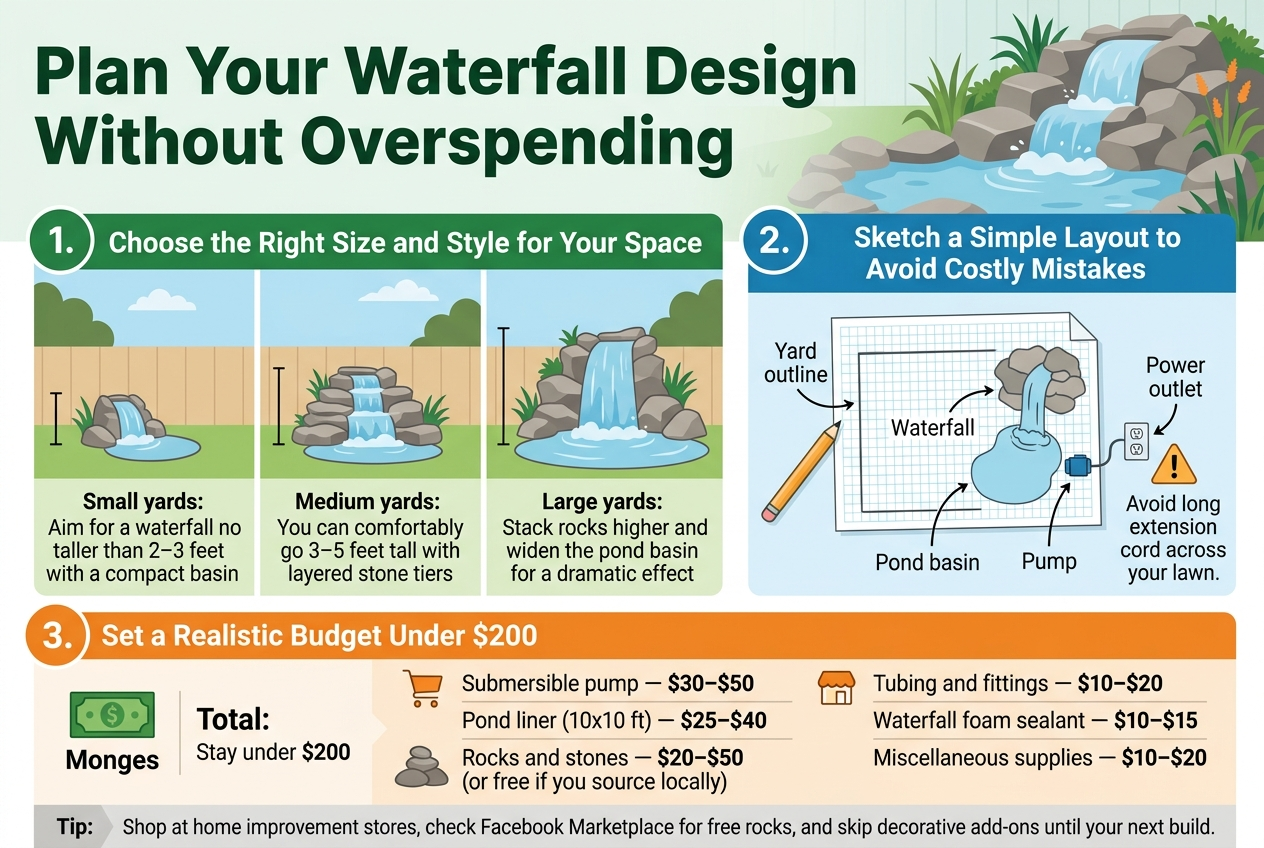 Create a clean, professional infographic illustration in a 3:2 aspect ratio with a full-bleed layout, no inset frame, no poster border, and a wide horizontal composition. Use a fresh outdoor palette of deep green, sky blue, stone gray, and warm beige with orange accent highlights. Use bold sans-serif typography for headings and smaller readable sans-serif body text. Top header across the full width: large bold title in dark green text, "Plan Your Waterfall Design Without Overspending". Add a subtle background graphic of a backyard waterfall with rocks, water, and plants behind the title.Below the title, organize the infographic into three wide horizontal sections with clear numbered badges and matching icons.SECTION 1 on the left half and center: heading in a green banner, "1. Choose the Right Size and Style for Your Space". Include a simple backyard diagram with three side-by-side panels labeled:- "Small yards: Aim for a waterfall no taller than 2โ3 feet with a compact basin"- "Medium yards: You can comfortably go 3โ5 feet tall with layered stone tiers"- "Large yards: Stack rocks higher and widen the pond basin for a dramatic effect"Use visual icons for each panel: a small waterfall with a tiny basin, a medium layered stone waterfall, and a larger dramatic waterfall with wider pond basin. Show size increasing from left to right with simple height markers.SECTION 2 across the middle-right: heading in a blue banner, "2. Sketch a Simple Layout to Avoid Costly Mistakes". Show a graph paper sketch illustration with a pencil, a simple yard outline, a waterfall location, a pond basin, a pump, and a power outlet marked with a small plug icon. Add short labeled callouts with arrows:- "Yard outline"- "Waterfall"- "Pond basin"- "Pump"- "Power outlet"Include a small warning-style symbol near the outlet to suggest avoiding a long extension cord across the lawn.SECTION 3 across the bottom full width: heading in an orange banner, "3. Set a Realistic Budget Under $200". Show a clean budget table or card grid with a money icon and a total note reading "Stay under $200". Include these exact line items and costs in two columns:- "Submersible pump โ $30โ$50"- "Pond liner (10x10 ft) โ $25โ$40"- "Rocks and stones โ $20โ$50 (or free if you source locally)"- "Tubing and fittings โ $10โ$20"- "Waterfall foam sealant โ $10โ$15"- "Miscellaneous supplies โ $10โ$20"Add a small shopping cart icon, a marketplace tag icon, and a pile of stones icon beside the budget section. Include a small tip strip below the table with the text: "Shop at home improvement stores, check Facebook Marketplace for free rocks, and skip decorative add-ons until your next build."Use clear section dividers, icon bullets, and a balanced multi-column layout with readable spacing. Keep the infographic visually organized, modern, and easy to scan.