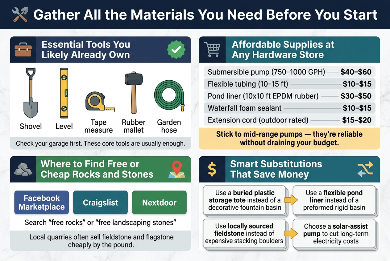Create a clean, professional landscape infographic in a 3:2 aspect ratio with a full-bleed background, no poster frame, no inset margins, and a wide horizontal layout with multiple sections instead of a narrow vertical stack. Use a modern sans-serif font, strong hierarchy, navy, teal, green, gray, and warm yellow accents, with white background and subtle light texture.Top header spanning full width:Large bold title text: "Gather All the Materials You Need Before You Start"Add a small wrench-and-shovel icon near the title.Main layout: four wide content blocks arranged in a 2x2 grid with clear section headers, each block using a different accent color and a simple icon.Top left block:Header text: "Essential Tools You Likely Already Own"Use a toolbox icon and a green checkmark badge.Show a neat row of illustrated tools with labels:"Shovel""Level""Tape measure""Rubber mallet""Garden hose"Add a short subline in smaller text: "Check your garage first. These core tools are usually enough."Top right block:Header text: "Affordable Supplies at Any Hardware Store"Use a shopping cart icon.Show a clean price list with item name on the left and cost on the right, using simple horizontal rows:"Submersible pump (750โ1000 GPH) โ $40โ$60""Flexible tubing (10โ15 ft) โ $10โ$15""Pond liner (10x10 ft EPDM rubber) โ $30โ$50""Waterfall foam sealant โ $10โ$15""Extension cord (outdoor rated) โ $15โ$20"Add a highlighted callout box at the bottom of this block with bold text:"Stick to mid-range pumps โ theyโre reliable without draining your budget."Bottom left block:Header text: "Where to Find Free or Cheap Rocks and Stones"Use a rock pile icon and a map pin icon.Show three source badges or tiles with bold labels:"Facebook Marketplace""Craigslist""Nextdoor"Add smaller text beneath: "Search 'free rocks' or 'free landscaping stones'"Add a second smaller callout line: "Local quarries often sell fieldstone and flagstone cheaply by the pound."Bottom right block:Header text: "Smart Substitutions That Save Money"Use a dollar sign icon and a swap/arrow icon.Show four stacked substitution cards with simple before/after visuals:"Use a buried plastic storage tote instead of a decorative fountain basin""Use a flexible pond liner instead of a preformed rigid basin""Use locally sourced fieldstone instead of expensive stacking boulders""Choose a solar-assist pump to cut long-term electricity costs"Use clear visual markers: checkmarks for essentials, price tags for supplies, location pins for rock sources, and arrows for substitutions. Keep text crisp, readable, and evenly spaced. Maintain balanced alignment, strong contrast, and a polished DIY/home-improvement infographic style.