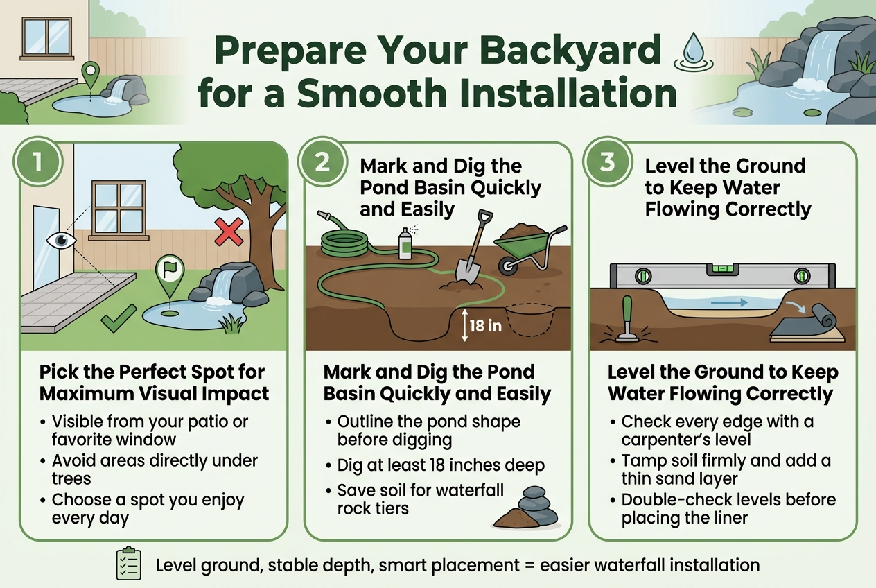 Create a clean, professional full-bleed infographic in a 3:2 aspect ratio with a natural backyard color palette of greens, browns, slate gray, and soft blue accents. Use modern sans-serif fonts with a bold dark-green headline at the top.Top header: large bold title text centered across the top reading "Prepare Your Backyard for a Smooth Installation". Place a subtle backyard/waterfall illustration behind or beside the title, with a small decorative water droplet icon.Main layout: three wide horizontal sections arranged left to right across the page, each in its own rounded rectangle panel with a light background, thin green outline, and a numbered circular badge at the top-left of each panel.Section 1 on the left:Number badge: "1"Title text: "Pick the Perfect Spot for Maximum Visual Impact"Visuals: a simple backyard scene with a patio, a window, a tree, and a waterfall/pond placement marker. Include a green checkmark near a visible-from-patio spot and a red X under a tree canopy. Add a small eye icon near the patio/window viewpoint.Short bullet text inside the panel:โข "Visible from your patio or favorite window"โข "Avoid areas directly under trees"โข "Choose a spot you enjoy every day"Section 2 in the center:Number badge: "2"Title text: "Mark and Dig the Pond Basin Quickly and Easily"Visuals: a garden hose and spray paint can outlining an irregular pond shape on soil, a shovel digging, a wheelbarrow with soil, and a depth marker showing "18 in". Include a small excavated basin cross-section. Add a soil mound and a few stacked rocks.Short bullet text inside the panel:โข "Outline the pond shape before digging"โข "Dig at least 18 inches deep"โข "Save soil for waterfall rock tiers"Section 3 on the right:Number badge: "3"Title text: "Level the Ground to Keep Water Flowing Correctly"Visuals: a long carpenterโs level placed across the basin edges, with a green bubble centered. Show a tamping tool compressing soil, a thin sand layer, and a liner being placed over a smooth base. Include a small water flow arrow showing even flow.Short bullet text inside the panel:โข "Check every edge with a carpenterโs level"โข "Tamp soil firmly and add a thin sand layer"โข "Double-check levels before placing the liner"Bottom strip: a thin full-width footer with a simple checklist icon and the text "Level ground, stable depth, smart placement = easier waterfall installation" in smaller dark text.Style details: flat vector illustration, crisp lines, high readability, balanced spacing, no clutter, no photo realism, no 3D effects. Use strong visual hierarchy, clear icons, and wide horizontal composition with no centered vertical stack.