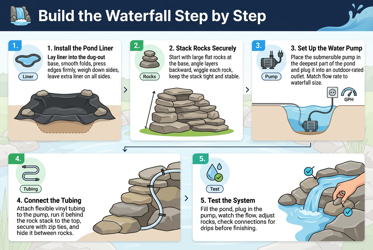 Aspect ratio 3:2, full-bleed infographic layout with a clean professional garden DIY style, bright natural colors, modern sans-serif fonts. Large bold title across the top: "Build the Waterfall Step by Step". Use a wide horizontal composition with 5 numbered step panels arranged in two rows, each panel with a colored number badge, a simple icon, a short heading, and concise body text. Use blue, green, gray, and earth-tone accents. Background should be light and airy with subtle water texture and faint rock/pond illustrations.Top header bar: title centered-left in dark navy, with a small waterfall icon and subtle blue water splash graphic on the right.Step 1 panel on upper left with a liner/pond icon: "1. Install the Pond Liner" and body text: "Lay liner into the dug-out base, smooth folds, press edges firmly, weigh down sides, leave extra liner on all sides." Show a black pond liner draped into a shallow pit with rocks holding edges.Step 2 panel upper center with stacked rocks icon: "2. Stack Rocks Securely" and body text: "Start with large flat rocks at the base, angle layers backward, wiggle each rock, keep the stack tight and stable." Show layered stones forming a waterfall wall with slight backward tilt.Step 3 panel upper right with pump and plug icon: "3. Set Up the Water Pump" and body text: "Place the submersible pump in the deepest part of the pond and plug it into an outdoor-rated outlet. Match flow rate to waterfall size." Show pump submerged in water with a nearby outlet and a small GPH label symbol.Step 4 panel lower left spanning wider area with tubing icon: "4. Connect the Tubing" and body text: "Attach flexible vinyl tubing to the pump, run it behind the rock stack to the top, secure with zip ties, and hide it between rocks." Show a clear tube running up behind stones with small zip tie markers.Step 5 panel lower center-right with water test/check icon: "5. Test the System" and body text: "Fill the pond, plug in the pump, watch the flow, adjust rocks, check connections for drips before finishing." Show flowing water, a hand adjusting a rock, and small checkmark icons near connections.Include small directional arrows connecting the steps from left to right, then down to the final row. Add minimal labels like "Liner", "Rocks", "Pump", "Tubing", "Test" in small capsules under each icon. Use strong visual hierarchy, crisp spacing, and readable text. No people, no extra borders, no frame, no watermark.