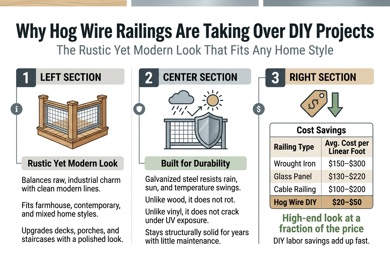 Create a full-bleed 3:2 horizontal infographic illustration with a clean modern rustic style, white background with subtle light wood and steel-gray accents, bold sans-serif typography, and a polished professional layout.Top header across the full width: large bold title in dark charcoal text, centered-left:"Why Hog Wire Railings Are Taking Over DIY Projects"Under the title, a smaller subtitle in muted gray:"The Rustic Yet Modern Look That Fits Any Home Style"Use a three-section wide horizontal layout with numbered blocks and simple icons:LEFT SECTION — “1”Add a warm farmhouse-and-modern style icon showing a deck railing with galvanized steel mesh and wood posts. Include a small label block:"Rustic Yet Modern Look"Body text below in smaller font:"Balances raw, industrial charm with clean modern lines.""Fits farmhouse, contemporary, and mixed home styles.""Upgrades decks, porches, and staircases with a polished look."CENTER SECTION — “2”Add a durability icon showing rain, sun, and a steel shield over railing mesh. Include a small label block:"Built for Durability"Body text below in smaller font:"Galvanized steel resists rain, sun, and temperature swings.""Unlike wood, it does not rot.""Unlike vinyl, it does not crack under UV exposure.""Stays structurally solid for years with little maintenance."RIGHT SECTION — “3”Add a money-saving icon showing a price tag and downward arrow. Include a comparison table in a clean boxed panel with alternating light rows and bold highlight for the last row. Title above the table:"Cost Savings"Table text exactly:"Railing Type | Avg. Cost per Linear Foot""Wrought Iron | $150–$300""Glass Panel | $130–$220""Cable Railing | $100–$200""Hog Wire DIY | $20–$50"Below the table, add a bold callout in green:"High-end look at a fraction of the price"And a smaller line:"DIY labor savings add up fast."Add subtle section dividers, clear spacing, and icon markers beside each numbered block. Use charcoal, steel gray, muted green, and warm tan colors. Keep the design balanced, wide, and easy to scan, with all text crisp and legible.