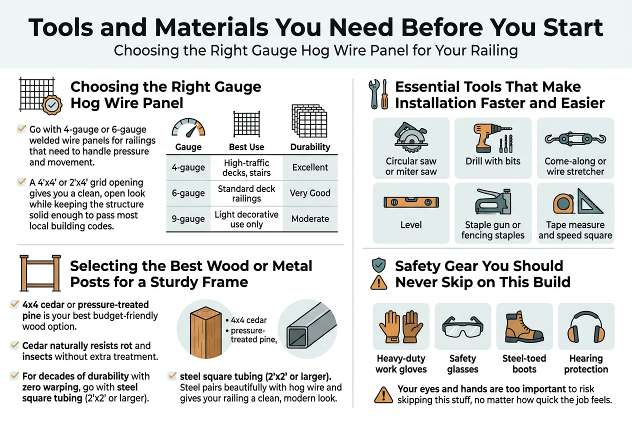 Create a clean professional full-bleed infographic illustration in 3:2 aspect ratio, with a modern home-improvement style, white background, dark charcoal text, muted teal and warm orange accents, bold sans-serif heading, smaller readable sans-serif body text, and clear section dividers. Use a wide horizontal layout with 4 main content blocks arranged in two rows, not a narrow centered poster.Top banner across the full width:Large bold title text: "Tools and Materials You Need Before You Start"Small subtitle text beneath: "Choosing the Right Gauge Hog Wire Panel for Your Railing"Section 1 on the upper left, with a wire panel icon and a small checklist badge:Heading: "Choosing the Right Gauge Hog Wire Panel"Body text: "Go with 4-gauge or 6-gauge welded wire panels for railings that need to handle pressure and movement."Body text: "A 4\"x4\" or 2\"x4\" grid opening gives you a clean, open look while keeping the structure solid enough to pass most local building codes."Include a small comparison table beside or below with three rows and three columns labeled:"Gauge" | "Best Use" | "Durability""4-gauge" | "High-traffic decks, stairs" | "Excellent""6-gauge" | "Standard deck railings" | "Very Good""9-gauge" | "Light decorative use only" | "Moderate"Use a simple gauge scale icon or stacked wire grid icon next to the table.Section 2 on the upper right, with tool icons arranged in a neat grid:Heading: "Essential Tools That Make Installation Faster and Easier"Use six labeled tool icons with short captions:"Circular saw or miter saw""Drill with bits""Come-along or wire stretcher""Level""Staple gun or fencing staples""Tape measure and speed square"Make each tool a separate icon tile with small labels.Section 3 on the lower left, with a post and frame icon:Heading: "Selecting the Best Wood or Metal Posts for a Sturdy Frame"Body text: "4x4 cedar or pressure-treated pine is your best budget-friendly wood option."Body text: "Cedar naturally resists rot and insects without extra treatment."Body text: "For decades of durability with zero warping, go with steel square tubing (2\"x2\" or larger)."Body text: "Steel pairs beautifully with hog wire and gives your railing a clean, modern look."Show two side-by-side visual callouts: one wood post illustration labeled "4x4 cedar" and "pressure-treated pine", and one steel tubing illustration labeled "steel square tubing (2\"x2\" or larger)".Section 4 on the lower right, with safety gear icons and warning accents:Heading: "Safety Gear You Should Never Skip on This Build"Use four clear icon labels in a row or 2x2 grid:"Heavy-duty work gloves""Safety glasses""Steel-toed boots""Hearing protection"Add a short warning line below: "Your eyes and hands are too important to risk skipping this stuff, no matter how quick the job feels."Use clean line icons, subtle shadows, and strong spacing. Keep all text crisp and fully readable. Include small checkmarks and accent lines to guide the eye. No extra text beyond the words specified.