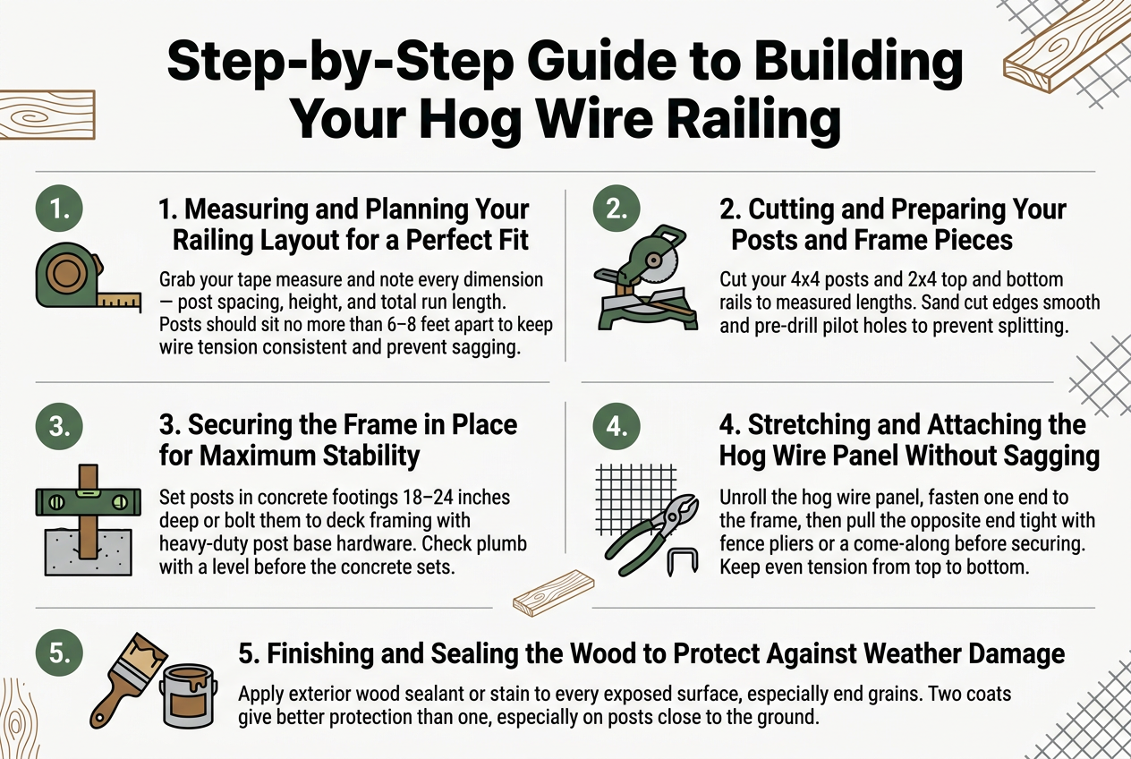 Create a clean professional full-bleed infographic in a 3:2 aspect ratio about building a hog wire railing, with a modern DIY construction style. Use a white background with dark charcoal text, muted forest green and warm wood-brown accents, and thin gray divider lines. Use bold sans-serif fonts for headings and smaller readable sans-serif body text. Place a large bold title across the top: "Step-by-Step Guide to Building Your Hog Wire Railing"Below the title, arrange five wide horizontal numbered sections in a balanced two-column layout across the page, not a narrow vertical stack. Each section should have a colored circular number badge on the left, a simple matching icon, a bold subheading, and 1–2 short lines of body text. Use clear visual hierarchy and generous spacing.Section 1 at upper left: a tape measure icon and the subheading "1. Measuring and Planning Your Railing Layout for a Perfect Fit"Body text: "Grab your tape measure and note every dimension — post spacing, height, and total run length. Posts should sit no more than 6–8 feet apart to keep wire tension consistent and prevent sagging."Section 2 at upper right: a miter saw icon and the subheading "2. Cutting and Preparing Your Posts and Frame Pieces"Body text: "Cut your 4x4 posts and 2x4 top and bottom rails to measured lengths. Sand cut edges smooth and pre-drill pilot holes to prevent splitting."Section 3 at middle left: a concrete footing and level icon and the subheading "3. Securing the Frame in Place for Maximum Stability"Body text: "Set posts in concrete footings 18–24 inches deep or bolt them to deck framing with heavy-duty post base hardware. Check plumb with a level before the concrete sets."Section 4 at middle right: a hog wire mesh panel, fence pliers, and staple icon and the subheading "4. Stretching and Attaching the Hog Wire Panel Without Sagging"Body text: "Unroll the hog wire panel, fasten one end to the frame, then pull the opposite end tight with fence pliers or a come-along before securing. Keep even tension from top to bottom."Section 5 across the bottom full width: a paintbrush and sealant can icon and the subheading "5. Finishing and Sealing the Wood to Protect Against Weather Damage"Body text: "Apply exterior wood sealant or stain to every exposed surface, especially end grains. Two coats give better protection than one, especially on posts close to the ground."Add subtle small decorative line-art details of wood grain and mesh wire in the background, keeping the layout clean and uncluttered. Use clear icons, strong alignment, and a polished instructional infographic style.
