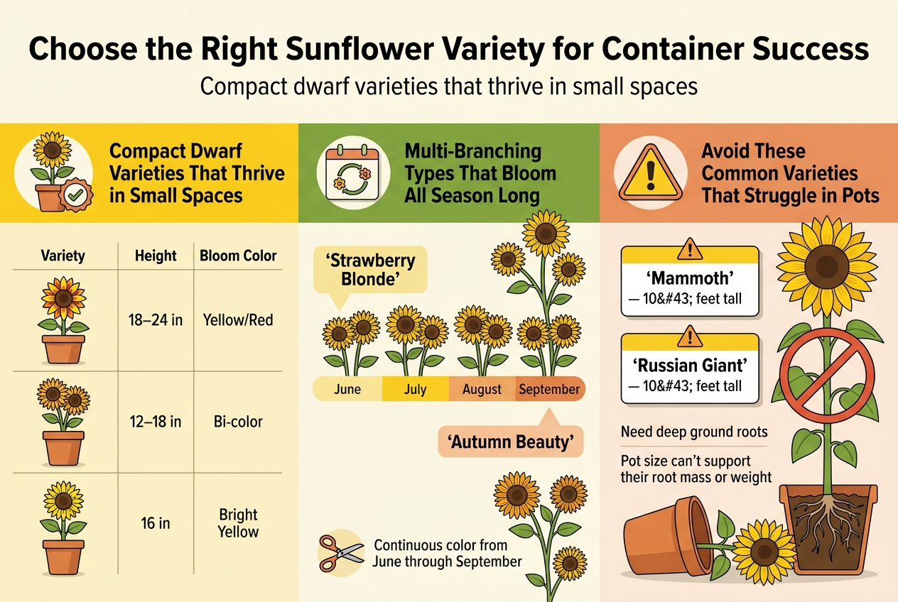 Aspect ratio 3:2, full-bleed clean professional infographic illustration about container sunflowers. Wide horizontal layout with three main color-block sections across the canvas, using bright sunflower yellow, warm green, soft cream, and muted orange accents. Bold top heading in large modern sans-serif font: “Choose the Right Sunflower Variety for Container Success”. Smaller subtitle below: “Compact dwarf varieties that thrive in small spaces”.Left section with a potted sunflower icon and a checkmark badge, titled: “Compact Dwarf Varieties That Thrive in Small Spaces”. Include a neat comparison table with three rows and three columns labeled “Variety”, “Height”, and “Bloom Color”. Text in table:“Sundance Kid” | “18–24 in” | “Yellow/Red”“Little Becka” | “12–18 in” | “Bi-color”“Elf” | “16 in” | “Bright Yellow”Add small illustrated container flower pots beside each row, showing compact sunflower plants under 24 inches tall.Center section with a looping bloom/calendar icon and branching sunflower illustration, titled: “Multi-Branching Types That Bloom All Season Long”. Add a horizontal timeline band labeled “June” “July” “August” “September” with multiple blooming flowers לאורך the timeline. Include short text in two highlighted callout boxes:“‘Strawberry Blonde’”“‘Autumn Beauty’”Add a small deadheading scissors icon and a caption line: “Continuous color from June through September”. Show branching stems with repeated blooms.Right section with a warning icon and large tall sunflower illustration crossed out, titled: “Avoid These Common Varieties That Struggle in Pots”. Include two stacked caution cards with bold names and short notes:“‘Mammoth’” — “10+ feet tall”“‘Russian Giant’” — “10+ feet tall”Add smaller text below: “Need deep ground roots” and “Pot size can’t support their root mass or weight”. Show a tipped-over oversized pot and a root ball crowding a container, with a red no symbol over the plants.Use clear visual hierarchy, bold section headers, simple icon markers, and wide spacing. Keep all text crisp and readable, aligned in organized blocks across the horizontal layout.