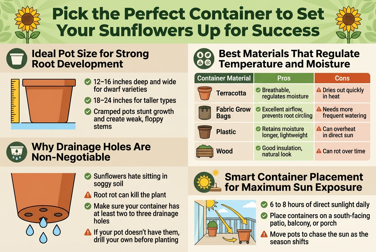 Create a clean, modern infographic in a 3:2 landscape aspect ratio, full-bleed edge-to-edge, with a bright gardening theme in sunflower yellow, leaf green, terracotta orange, sky blue, and warm neutral beige. Use bold sans-serif typography with strong hierarchy, crisp icons, and a professional editorial layout.Top header across the full width:Large bold title in dark green: "Pick the Perfect Container to Set Your Sunflowers Up for Success"Place a sunflower icon beside the title and a subtle background pattern of leaves and sun rays.Below the header, arrange four wide horizontal sections in a balanced two-column grid or stacked wide blocks, not a narrow centered column.Section 1 on the left with a pot icon:Heading: "Ideal Pot Size for Strong Root Development"Include a simple side-view container illustration with a ruler marker.Text bullets:"12–16 inches deep and wide for dwarf varieties""18–24 inches for taller types""Cramped pots stunt growth and create weak, floppy stems"Section 2 on the right with four material icons and a comparison table layout:Heading: "Best Materials That Regulate Temperature and Moisture"Create a neat 4-row comparison block with three labeled columns: "Container Material", "Pros", "Cons"Rows:"Terracotta" — "Breathable, regulates moisture" — "Dries out quickly in heat""Fabric Grow Bags" — "Excellent airflow, prevents root circling" — "Needs more frequent watering""Plastic" — "Retains moisture longer, lightweight" — "Can overheat in direct sun""Wood" — "Good insulation, natural look" — "Can rot over time"Add small material icons for each row: clay pot, fabric bag, plastic pot, wooden planter.Section 3 across the full width with a drainage icon:Heading: "Why Drainage Holes Are Non-Negotiable"Show a pot bottom with 2–3 visible drainage holes and water droplets draining out.Text bullets:"Sunflowers hate sitting in soggy soil""Root rot can kill the plant""Make sure your container has at least two to three drainage holes""If your pot doesn't have them, drill your own before planting"Section 4 across the full width with sun and patio icons:Heading: "Smart Container Placement for Maximum Sun Exposure"Show a south-facing patio, balcony, or porch scene with a movable container and sun path arrows.Text bullets:"6 to 8 hours of direct sunlight daily""Place containers on a south-facing patio, balcony, or porch""Move pots to chase the sun as the season shifts"Use clear section dividers, checkmark and warning symbols, and small arrows for guidance. Keep text fully readable, left-aligned within each section, with strong contrast and ample spacing.
