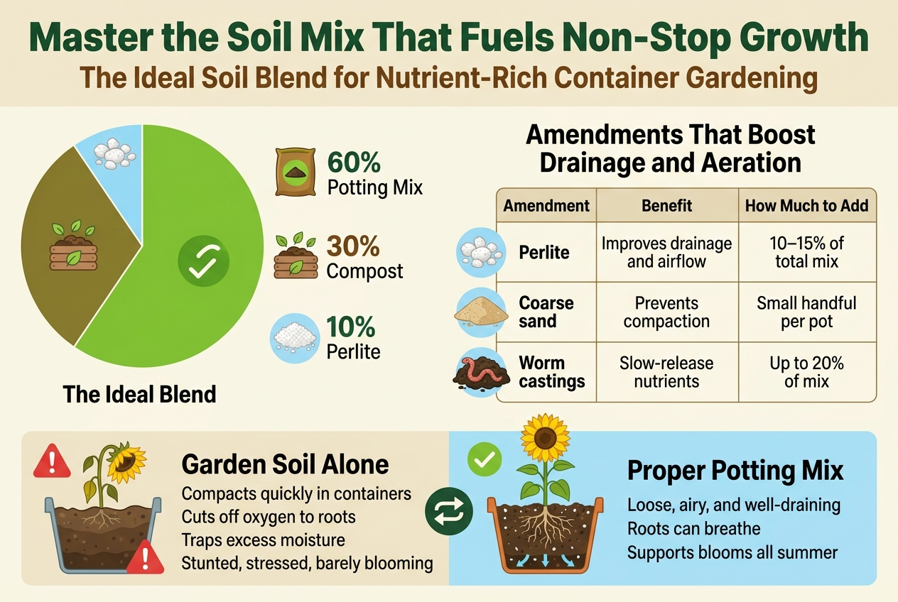 Create a clean, modern gardening infographic in a 3:2 aspect ratio, full-bleed layout with no poster frame, using a wide horizontal composition and balanced multi-section blocks. Style: bright natural greens, earthy browns, soft cream background, accents of sky blue and warm yellow. Use bold sans-serif typography for headings and readable sans-serif body text. Top across the full width: large bold title in dark green, “Master the Soil Mix That Fuels Non-Stop Growth”. Directly below it, smaller subtitle in warm brown, “The Ideal Soil Blend for Nutrient-Rich Container Gardening”.Left-center large section: a circular pie-chart style soil mix graphic with three labeled slices and matching color-coded labels beside it. Include exact labels: “60% Potting Mix”, “30% Compost”, “10% Perlite”. Add small icons next to each label: a bag of soil, a compost heap with leaves, and white perlite granules. Caption under the chart: “The Ideal Blend”.Right-center section: a clean 3-row comparison table with a header row. Title above the table: “Amendments That Boost Drainage and Aeration”. Table columns exactly labeled “Amendment”, “Benefit”, and “How Much to Add”. Rows exactly labeled:“Perlite” | “Improves drainage and airflow” | “10–15% of total mix”“Coarse sand” | “Prevents compaction” | “Small handful per pot”“Worm castings” | “Slow-release nutrients” | “Up to 20% of mix”Add a small icon to the left of each row: white porous stones for perlite, tan sand grains for coarse sand, and a red wiggler worm on dark compost for worm castings.Bottom wide section spanning the full width: a split comparison banner with two side-by-side panels. Left panel shows compacted garden soil in a container with a wilted sunflower and a red warning symbol. Add bold heading: “Garden Soil Alone”. Add short text: “Compacts quickly in containers”, “Cuts off oxygen to roots”, “Traps excess moisture”, “Stunted, stressed, barely blooming”. Right panel shows a healthy container with loose potting mix, visible roots, drainage, and a tall blooming sunflower. Add bold heading: “Proper Potting Mix”. Add short text: “Loose, airy, and well-draining”, “Roots can breathe”, “Supports blooms all summer”. Include a clear arrow or swap symbol between the two panels indicating replacement.Use small checkmark icons for the recommended mix sections and a warning triangle icon for the garden soil warning section. Keep all text sharp, high-contrast, and easy to read. Arrange elements in wide blocks, not a centered vertical stack. Ensure the infographic feels professional, educational, and visually appealing with subtle texture and clean spacing.