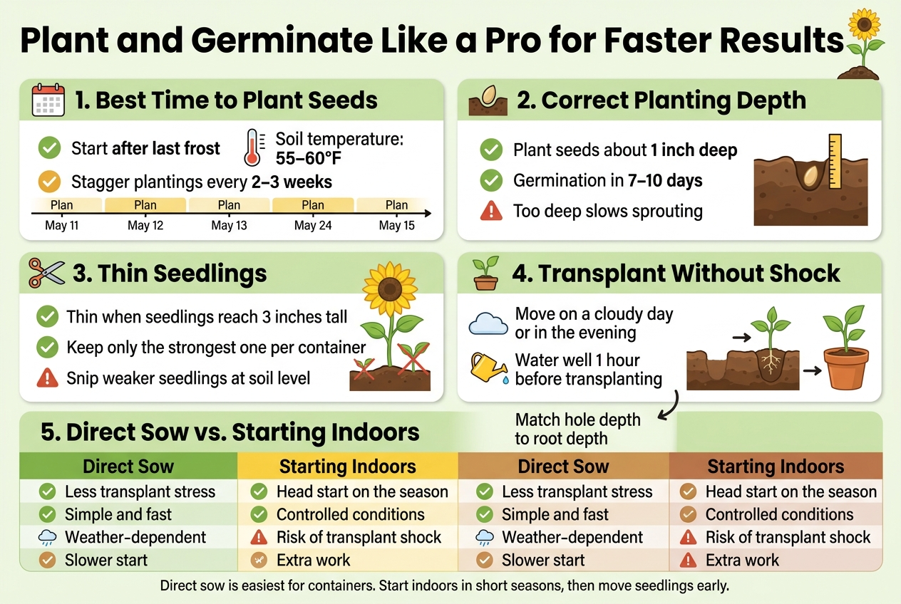 Create a clean, professional full-bleed infographic in a 3:2 horizontal aspect ratio with a bright gardening theme, using greens, sunny yellows, warm خاک/soil browns, and white backgrounds with subtle texture. Use modern sans-serif fonts with a bold title at the top and clear visual hierarchy. Top header across the full width:Bold title text: "Plant and Germinate Like a Pro for Faster Results"Add a small sunflower sprout illustration beside the title.Main layout: five wide horizontal sections or a two-column upper section plus three lower blocks, organized neatly with icons and short text.Section 1 at upper left:Heading: "1. Best Time to Plant Seeds"Use a calendar icon and thermometer icon.Text: "Start after last frost"Text: "Soil temperature: 55–60°F"Text: "Stagger plantings every 2–3 weeks"Add a simple timeline strip showing repeated planting dates.Section 2 at upper right:Heading: "2. Correct Planting Depth"Use a seed in soil icon with a ruler mark.Text: "Plant seeds about 1 inch deep"Text: "Germination in 7–10 days"Text: "Too deep slows sprouting"Show a cross-section diagram of soil with a seed placed at the correct depth.Section 3 centered lower left:Heading: "3. Thin Seedlings"Use a scissors icon and two seedling icons.Text: "Thin when seedlings reach 3 inches tall"Text: "Keep only the strongest one per container"Text: "Snip weaker seedlings at soil level"Show one healthy sunflower seedling standing taller while smaller seedlings are crossed out.Section 4 centered lower right:Heading: "4. Transplant Without Shock"Use a cloud icon, watering can icon, and potted seedling icon.Text: "Move on a cloudy day or in the evening"Text: "Water well 1 hour before transplanting"Text: "Match hole depth to root depth"Text: "Firm soil and water immediately"Show a small step-by-step transplant sequence with arrows.Bottom wide comparison block spanning the full width:Heading: "5. Direct Sow vs. Starting Indoors"Use a split two-column comparison table with bold labels and simple icons.Left column title: "Direct Sow"Text: "Less transplant stress"Text: "Simple and fast"Text: "Weather-dependent"Text: "Slower start"Right column title: "Starting Indoors"Text: "Head start on the season"Text: "Controlled conditions"Text: "Risk of transplant shock"Text: "Extra work"Add a small note below the table:"Direct sow is easiest for containers. Start indoors in short seasons, then move seedlings early."Use clean dividers, rounded cards, and small checkmark and warning symbols for emphasis. Keep all text large, readable, and evenly spaced, with sunflower and seedling imagery integrated throughout. No decorative frame, no narrow vertical poster layout, no clutter.