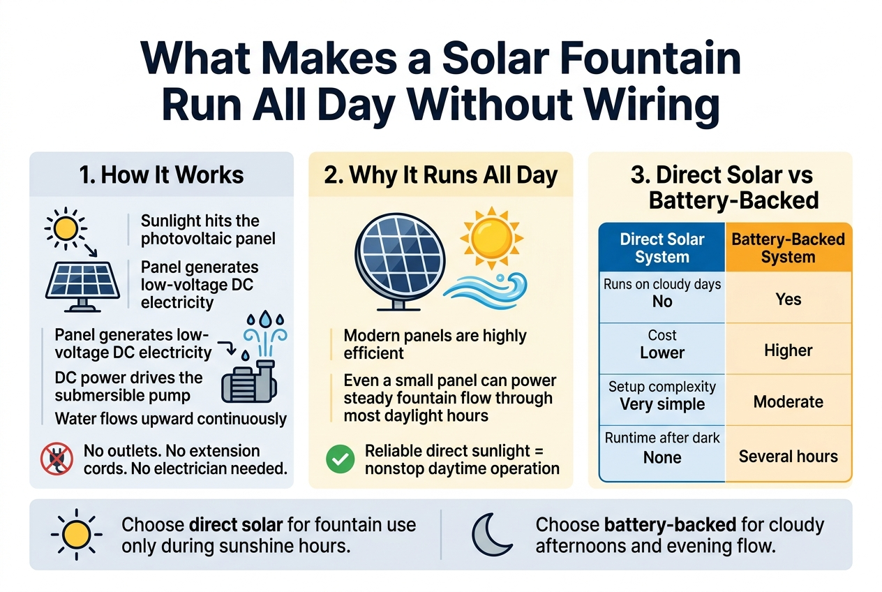 Create a clean professional infographic in a 3:2 landscape aspect ratio, full-bleed edge-to-edge layout, with a white background, deep blue and ัะพะปะฝะตัะฝัะน yellow accents, modern sans-serif fonts, and clear visual hierarchy.Top center: large bold title in dark navy text: "What Makes a Solar Fountain Run All Day Without Wiring"Below the title, divide the infographic into three wide horizontal sections with subtle colored panels and simple line icons.Left section: "1. How It Works"Include a sun icon above a solar panel icon, then a small arrow to a pump icon and upward water droplets.Text in a short block:"Sunlight hits the photovoltaic panel""Panel generates low-voltage DC electricity""DC power drives the submersible pump""Water flows upward continuously"Add a small crossed-out outlet plug icon with the text: "No outlets. No extension cords. No electrician needed."Center section: "2. Why It Runs All Day"Show a dinner-plate-sized solar panel icon beside a bright sun and flowing water.Text in two short lines:"Modern panels are highly efficient""Even a small panel can power steady fountain flow through most daylight hours"Add a green check icon next to: "Reliable direct sunlight = nonstop daytime operation"Right section: "3. Direct Solar vs Battery-Backed"Create a clean comparison table with two columns and four rows, using blue for Direct Solar System and orange for Battery-Backed System.Column headers:"Direct Solar System""Battery-Backed System"Rows and exact text:"Runs on cloudy days" | "No" | "Yes""Cost" | "Lower" | "Higher""Setup complexity" | "Very simple" | "Moderate""Runtime after dark" | "None" | "Several hours"At the bottom spanning the full width, add a simple decision strip with two icons: a sun icon on the left and a moon icon on the right.Left text under sun: "Choose direct solar for fountain use only during sunshine hours."Right text under moon: "Choose battery-backed for cloudy afternoons and evening flow."Use clean spacing, bold section headers, small icons beside each key point, balanced wide layout, and a polished infographic style with subtle shadows and thin dividers.