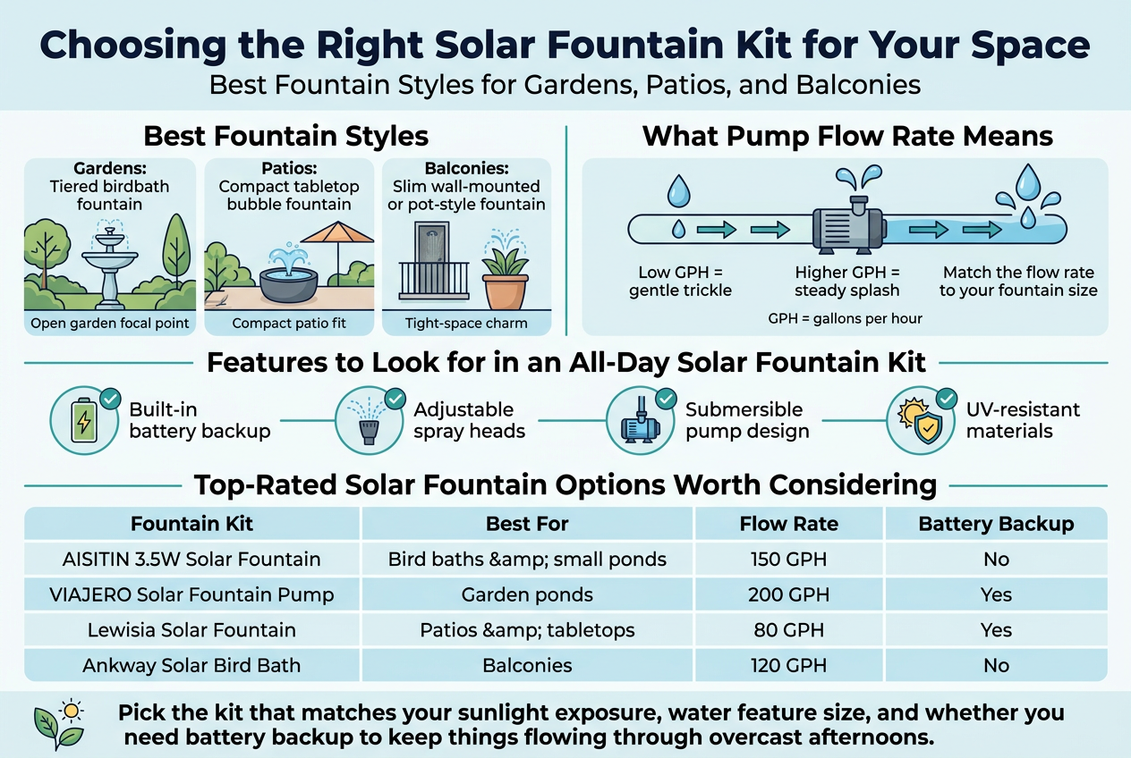 Create a full-bleed professional infographic illustration in a 3:2 aspect ratio with a clean modern eco-friendly style, soft white background with pale blue and green accents, dark navy headings, and thin teal dividers. Use a bold sans-serif font for titles and a readable sans-serif font for body text. Organize the layout in wide horizontal sections with clear visual hierarchy, not a vertical poster.Top header across the full width:Large bold title text: "Choosing the Right Solar Fountain Kit for Your Space"Subtitle beneath in smaller text: "Best Fountain Styles for Gardens, Patios, and Balconies"Section 1 on the upper left: "Best Fountain Styles"Use three side-by-side illustrated blocks with simple fountain icons:1. A garden icon with a tiered birdbath fountain and text: "Gardens: Tiered birdbath fountain"2. A patio icon with a compact tabletop bubble fountain and text: "Patios: Compact tabletop bubble fountain"3. A balcony icon with a slim wall-mounted fountain and a pot-style fountain and text: "Balconies: Slim wall-mounted or pot-style fountain"Add small labels under each block: "Open garden focal point", "Compact patio fit", "Tight-space charm"Section 2 on the upper right: "What Pump Flow Rate Means"Show a horizontal flow gauge with water droplets and arrows moving through a pump. Include three labeled levels:"Low GPH = gentle trickle""Higher GPH = steady splash""Match the flow rate to your fountain size"Add small text below: "GPH = gallons per hour"Section 3 across the middle in a four-icon feature row titled "Features to Look for in an All-Day Solar Fountain Kit"Use four circular icons with checkmarks and short labels:1. Battery icon with text: "Built-in battery backup"2. Spray nozzle icon with text: "Adjustable spray heads"3. Submersible pump icon with text: "Submersible pump design"4. Sun and shield icon with text: "UV-resistant materials"Add a thin teal line connecting the icons.Bottom section as a wide comparison table titled "Top-Rated Solar Fountain Options Worth Considering"Use a clean table with four columns and alternating light blue rows. Include these exact column headers:"Fountain Kit" | "Best For" | "Flow Rate" | "Battery Backup"Rows:"AISITIN 3.5W Solar Fountain" | "Bird baths & small ponds" | "150 GPH" | "No""VIAJERO Solar Fountain Pump" | "Garden ponds" | "200 GPH" | "Yes""Lewisia Solar Fountain" | "Patios & tabletops" | "80 GPH" | "Yes""Ankway Solar Bird Bath" | "Balconies" | "120 GPH" | "No"Bottom footer band with a small leaf and sun icon, and a bold concluding sentence:"Pick the kit that matches your sunlight exposure, water feature size, and whether you need battery backup to keep things flowing through overcast afternoons."Use crisp vector-style illustrations, subtle shadows, and plenty of whitespace. Keep all text sharp, legible, and aligned in a balanced multi-column infographic layout.