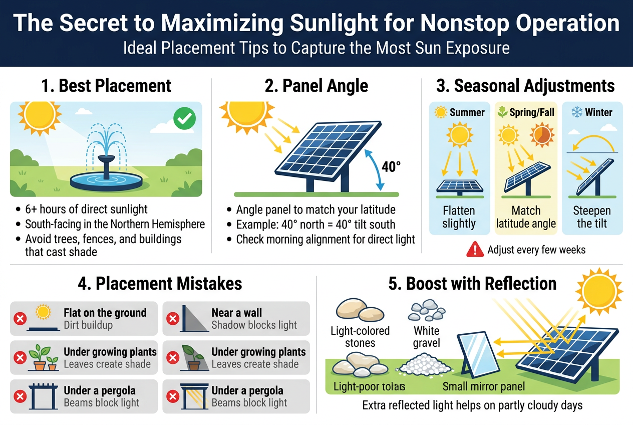 Create a clean, professional full-bleed infographic illustration in a 3:2 aspect ratio about maximizing sunlight for a solar fountain. Use a bright solar-themed palette with deep blue, sunny yellow, white, and fresh green accents. Modern sans-serif fonts, bold heading, clear section labels, crisp flat vector icons, and wide horizontal multi-section layout with no poster frame and no narrow centered stack.TOP HEADER, full width:Large bold title in dark navy: "The Secret to Maximizing Sunlight for Nonstop Operation"Subheading below in smaller text: "Ideal Placement Tips to Capture the Most Sun Exposure"MAIN LAYOUT: 5 organized horizontal or card-style sections across the page, with icons and short text blocks.LEFT TOP SECTION:Heading: "1. Best Placement"Show a solar fountain in a sunny open yard with a sun icon overhead and a green checkmark.Include bullet text:"6+ hours of direct sunlight""South-facing in the Northern Hemisphere""Avoid trees, fences, and buildings that cast shade"CENTER TOP SECTION:Heading: "2. Panel Angle"Show a solar panel tilted toward the sun with an angle gauge and latitude marker.Include text:"Angle panel to match your latitude""Example: 40ยฐ north = 40ยฐ tilt south""Check morning alignment for direct light"RIGHT TOP SECTION:Heading: "3. Seasonal Adjustments"Use three small seasonal mini-panels with icons:Summer: sun high in the sky, flatter panel, text "Flatten slightly"Spring/Fall: balanced sun angle, text "Match latitude angle"Winter: low sun arc, steeper panel, text "Steepen the tilt"Add a small note: "Adjust every few weeks"BOTTOM LEFT SECTION:Heading: "4. Placement Mistakes"Show a simple 4-row comparison block with red X icons and small illustrations:"Flat on the ground""Near a wall""Under growing plants""Under a pergola"Use short gray subtext under each: "Dirt buildup", "Shadow blocks light", "Leaves create shade", "Beams block light"BOTTOM RIGHT SECTION:Heading: "5. Boost with Reflection"Show light-colored stones, white gravel, and a small mirror panel bouncing sunlight toward the solar panel, with bright reflected rays.Include text:"Light-colored stones""White gravel""Small mirror panel""Extra reflected light helps on partly cloudy days"Add small supporting visuals throughout: sun rays, shadow shapes, checkmarks, warning icons, tilt arrows, and reflection arrows. Use clean spacing, strong hierarchy, and readable labels. No watermark.