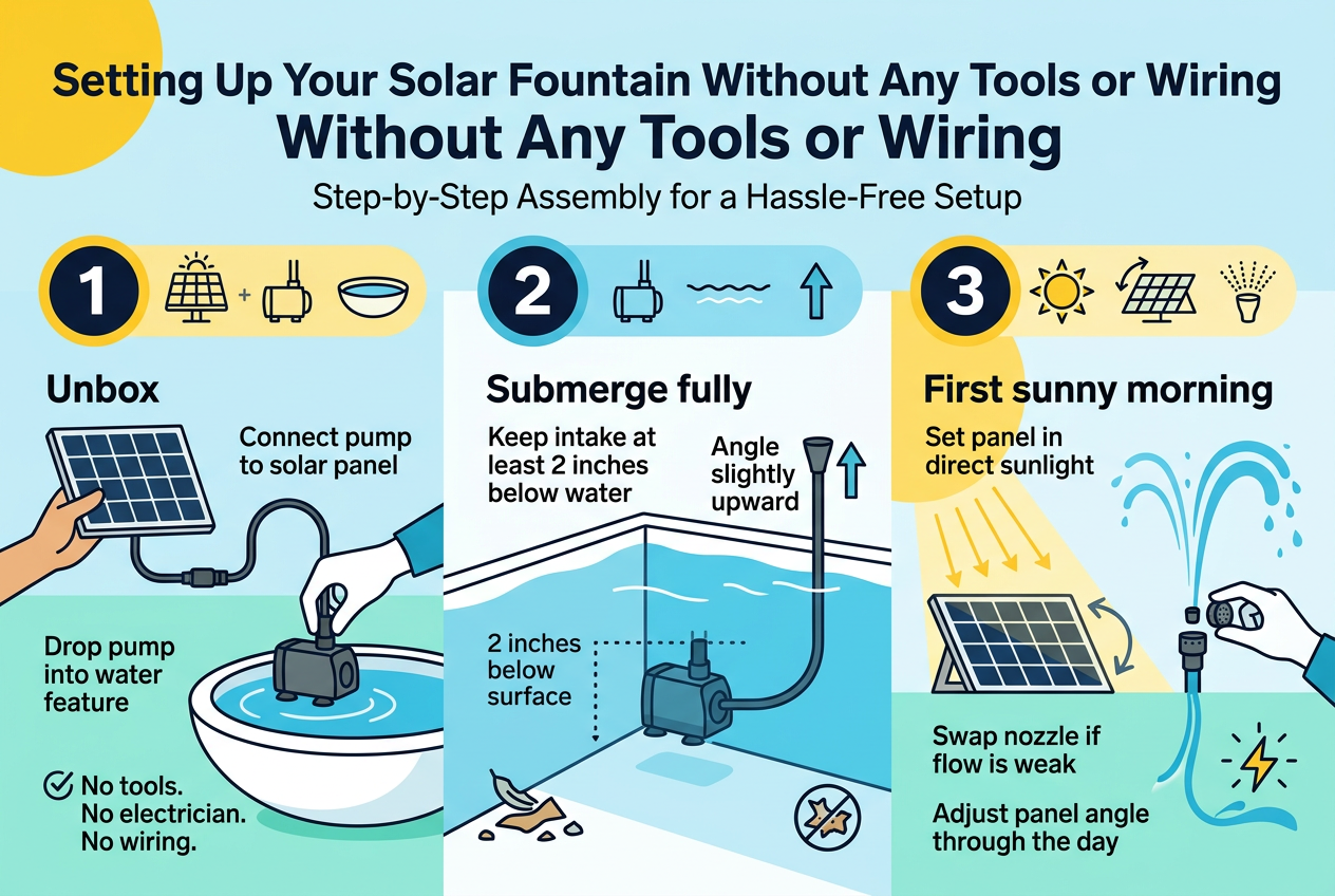 Create a clean professional infographic illustration in a 3:2 aspect ratio, full-bleed edge-to-edge layout, no frame, no inset margins. Use a bright outdoor palette with solar yellow, sky blue, aqua, white, and dark navy accents. Modern sans-serif typography with a bold title at the top.Top header: large bold title text reading "Setting Up Your Solar Fountain Without Any Tools or Wiring" with a smaller subtitle below reading "Step-by-Step Assembly for a Hassle-Free Setup".Main layout: three wide horizontal sections across the page, each with a large numbered circle icon and a clear visual scene.Section 1 on the left: a numbered badge "1" with a simple solar panel icon, pump icon, and water bowl icon. Show a hand connecting the pump to the solar panel with an attached cable, then placing the pump into a fountain basin. Include short text: "Unbox", "Connect pump to solar panel", "Drop pump into water feature", and a checkmark note: "No tools. No electrician. No wiring."Section 2 in the center: a numbered badge "2" with a submersible pump icon, water line, and upward nozzle arrow. Show the pump fully submerged in water, positioned away from debris in a clean corner, with a dotted line marking "2 inches below surface". Add text: "Submerge fully", "Keep intake at least 2 inches below water", "Angle nozzle slightly upward". Use a small debris icon crossed out near the corner.Section 3 on the right: a numbered badge "3" with a sun icon, solar panel with adjustable angle arrows, and spray nozzle heads icon. Show the solar panel in direct sunlight with beams hitting it, a fountain spray turning on, and a hand swapping nozzle attachments. Add text: "First sunny morning", "Set panel in direct sunlight", "Swap nozzle if flow is weak", "Adjust panel angle through the day". Include a flowing water arc graphic and a small performance spark icon.Use clear visual hierarchy, bold section headings, simple line icons, and clean spacing. Make the infographic feel airy, bright, and easy to follow with strong readability.