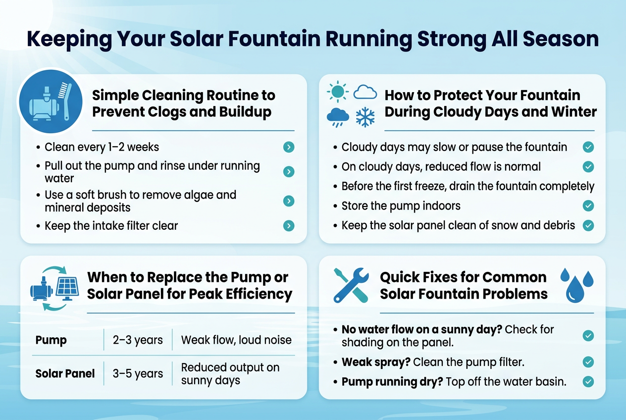 3:2 landscape infographic, full-bleed clean professional layout with a light sky-blue and white background, subtle sun rays and water ripple accents, modern sans-serif fonts, bold dark navy heading at the top: "Keeping Your Solar Fountain Running Strong All Season"Wide horizontal infographic with four organized sections in a 2x2 grid:Top left section with a blue circular icon of a pump and brush, title in bold: "Simple Cleaning Routine to Prevent Clogs and Buildup"Include short bullet text:"โข Clean every 1โ2 weeks""โข Pull out the pump and rinse under running water""โข Use a soft brush to remove algae and mineral deposits""โข Keep the intake filter clear"Top right section with a sun icon, cloud icon, and snowflake icon, title in bold: "How to Protect Your Fountain During Cloudy Days and Winter"Include short bullet text:"โข Cloudy days may slow or pause the fountain""โข On cloudy days, reduced flow is normal""โข Before the first freeze, drain the fountain completely""โข Store the pump indoors""โข Keep the solar panel clean of snow and debris"Bottom left section with a replacement icon showing a pump and solar panel, title in bold: "When to Replace the Pump or Solar Panel for Peak Efficiency"Include a clean two-row comparison block:"Pump | 2โ3 years | Weak flow, loud noise""Solar Panel | 3โ5 years | Reduced output on sunny days"Bottom right section with a wrench icon and water drop icons, title in bold: "Quick Fixes for Common Solar Fountain Problems"Include three short troubleshooting lines with bold problem labels:"โข No water flow on a sunny day? Check for shading on the panel.""โข Weak spray? Clean the pump filter.""โข Pump running dry? Top off the water basin."Use clear visual hierarchy with bold section headers, simple blue and teal icons, thin divider lines, rounded white content cards, and small accent arrows or checkmarks beside each bullet. Keep spacing balanced and readable across the wide layout.