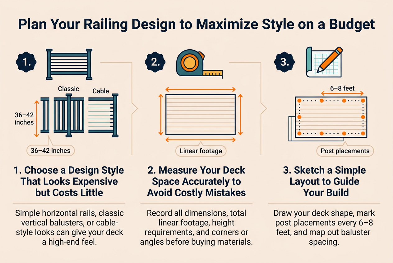 Create a clean, professional full-bleed infographic in a 3:2 landscape aspect ratio about deck railing planning on a budget. Use a modern flat design with a light warm background, navy and teal accents, orange highlights, crisp sans-serif fonts, and strong visual hierarchy. Place a bold headline across the top:"Plan Your Railing Design to Maximize Style on a Budget"Below the headline, organize the content into three wide horizontal sections or three side-by-side feature blocks across the page, each with a numbered badge, a simple icon, a subheading, and short supporting text.Section 1 on the left: include a stylish railing icon showing horizontal rails, vertical balusters, and cable lines as small visual examples. Add the subheading:"1. Choose a Design Style That Looks Expensive but Costs Little"Add short text beneath:"Simple horizontal rails, classic vertical balusters, or cable-style looks can give your deck a high-end feel."Section 2 in the center: include a tape measure icon and a deck outline with measurement arrows around the perimeter. Add the subheading:"2. Measure Your Deck Space Accurately to Avoid Costly Mistakes"Add short text beneath:"Record all dimensions, total linear footage, height requirements, and corners or angles before buying materials."Section 3 on the right: include a pencil and graph paper icon with a simple deck sketch, post markers, and spacing dots. Add the subheading:"3. Sketch a Simple Layout to Guide Your Build"Add short text beneath:"Draw your deck shape, mark post placements every 6โ8 feet, and map out baluster spacing."Use small callout labels near the visual elements:"36โ42 inches""6โ8 feet""Linear footage""Post placements"Add subtle connecting arrows or lines between the three sections to suggest a planning flow from style to measuring to sketching. Keep the layout balanced, spacious, and easy to read, with no centered vertical stack. Include clean iconography, neat section dividers, and a polished infographic style.