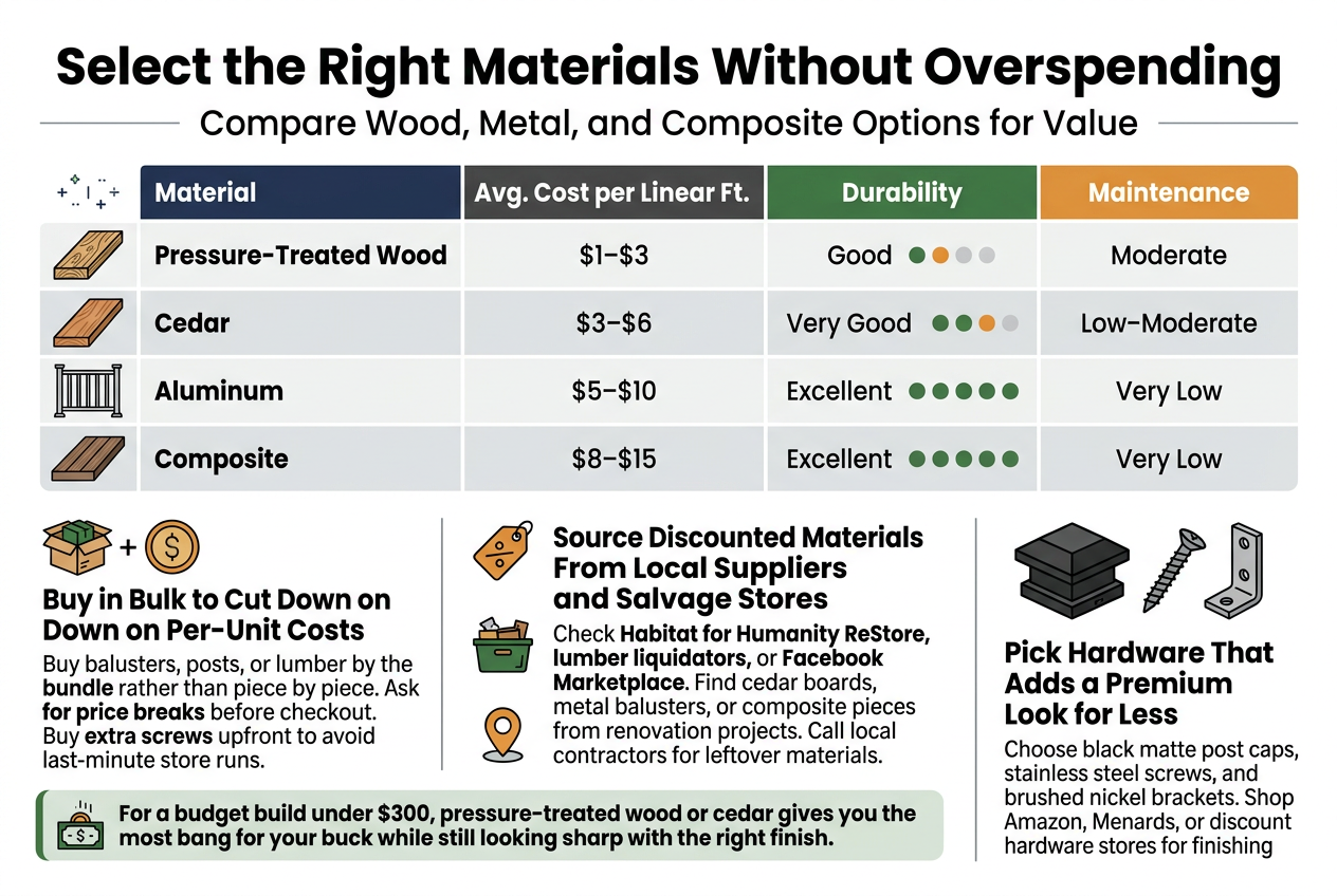 Create a full-bleed 3:2 landscape infographic with a clean modern DIY/home-improvement style, white background with navy, charcoal, forest green, and warm orange accents, using bold sans-serif typography and clear visual hierarchy.Top header across the full width:- Large bold title text: "Select the Right Materials Without Overspending"- Smaller subtitle beneath: "Compare Wood, Metal, and Composite Options for Value"Main content arranged in 4 horizontal sections with icons and clear blocks:1) Left-to-right comparison chart in the upper middle, with 4 material rows and 4 columns, styled as a sleek table with alternating light gray rows and colored category headers.- Column headers: "Material", "Avg. Cost per Linear Ft.", "Durability", "Maintenance"- Row 1 with a wood plank icon: "Pressure-Treated Wood" | "$1โ$3" | "Good" | "Moderate"- Row 2 with a cedar board icon: "Cedar" | "$3โ$6" | "Very Good" | "LowโModerate"- Row 3 with a metal railing icon: "Aluminum" | "$5โ$10" | "Excellent" | "Very Low"- Row 4 with a composite deck board icon: "Composite" | "$8โ$15" | "Excellent" | "Very Low"- Add small colored rating dots or bars for durability and maintenance in each row2) Bottom-left block with a bundle/box icon and dollar sign icon:- Heading text: "Buy in Bulk to Cut Down on Per-Unit Costs"- Body text in 2โ3 short lines: "Buy balusters, posts, or lumber by the bundle rather than piece by piece. Ask for price breaks before checkout. Buy extra screws upfront to avoid last-minute store runs."3) Bottom-center block with a store tag icon, salvage bin icon, and local marketplace pin icon:- Heading text: "Source Discounted Materials From Local Suppliers and Salvage Stores"- Body text in 2โ3 short lines: "Check Habitat for Humanity ReStore, lumber liquidators, or Facebook Marketplace. Find cedar boards, metal balusters, or composite pieces from renovation projects. Call local contractors for leftover materials."4) Bottom-right block with a hardware icon set: matte black post cap, screw, and bracket- Heading text: "Pick Hardware That Adds a Premium Look for Less"- Body text in 2โ3 short lines: "Choose black matte post caps, stainless steel screws, and brushed nickel brackets. Shop Amazon, Menards, or discount hardware stores for finishing pieces."Include a highlighted callout bar near the lower middle or lower left with a green accent and a small budget icon:- Text: "For a budget build under $300, pressure-treated wood or cedar gives you the most bang for your buck while still looking sharp with the right finish."Use crisp section dividers, subtle shadows, and small decorative line icons. Keep all text highly legible, evenly spaced, and arranged in a wide multi-column layout with no vertical poster stack.