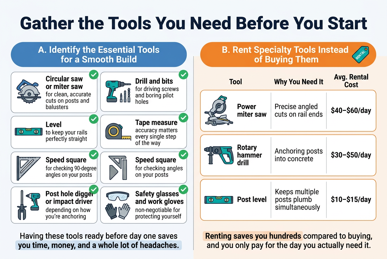 Create a clean professional infographic illustration in a full-bleed 3:2 layout, wide horizontal composition, no inset margins, no vertical poster frame. Use a modern home-improvement style with blue, teal, gray, and orange accents, white background, bold sans-serif fonts, clear hierarchy, and crisp vector icons.Top center: large bold headline in dark navy text: "Gather the Tools You Need Before You Start"Below the title, divide the layout into two wide horizontal sections.LEFT SECTION, labeled with a blue rounded header bar:"A. Identify the Essential Tools for a Smooth Build"Place a 2-column grid of 7 tool cards with simple flat icons and short labels. Each card has a small icon on the left and text on the right. Include these exact lines:1. "Circular saw or miter saw" with text beneath in smaller gray type: "for clean, accurate cuts on posts and balusters"2. "Drill and bits" with smaller gray type: "for driving screws and boring pilot holes"3. "Level" with smaller gray type: "to keep your rails perfectly straight"4. "Tape measure" with smaller gray type: "accuracy matters every single step of the way"5. "Speed square" with smaller gray type: "for checking 90-degree angles on your posts"6. "Post hole digger or impact driver" with smaller gray type: "depending on how you're anchoring"7. "Safety glasses and work gloves" with smaller gray type: "non-negotiable for protecting yourself"Use matching icons: circular saw, drill, spirit level, tape measure, speed square, post hole digger or impact driver, safety glasses and gloves. Add a small green checkmark badge on each card. At the bottom of this section, include a highlighted callout strip with the exact text: "Having these tools ready before day one saves you time, money, and a whole lot of headaches."RIGHT SECTION, labeled with an orange rounded header bar:"B. Rent Specialty Tools Instead of Buying Them"Place a clean 3-row table or three stacked rental cards with icons and pricing, aligned horizontally in a neat grid. Include column headers in bold:"Tool" | "Why You Need It" | "Avg. Rental Cost"Row 1: icon of a miter saw, text: "Power miter saw" | "Precise angled cuts on rail ends" | "$40โ$60/day"Row 2: icon of a rotary hammer drill, text: "Rotary hammer drill" | "Anchoring posts into concrete" | "$30โ$50/day"Row 3: icon of a post level, text: "Post level" | "Keeps multiple posts plumb simultaneously" | "$10โ$15/day"Add a small orange or teal rental tag icon beside the section header. At the bottom of this right section, add a bold callout in dark text inside a pale highlight box: "Renting saves you hundreds compared to buying, and you only pay for the day you actually need it."Use subtle divider lines, balanced spacing, and clear visual grouping. Keep all text sharp and legible, with icons large enough to quickly identify each tool.