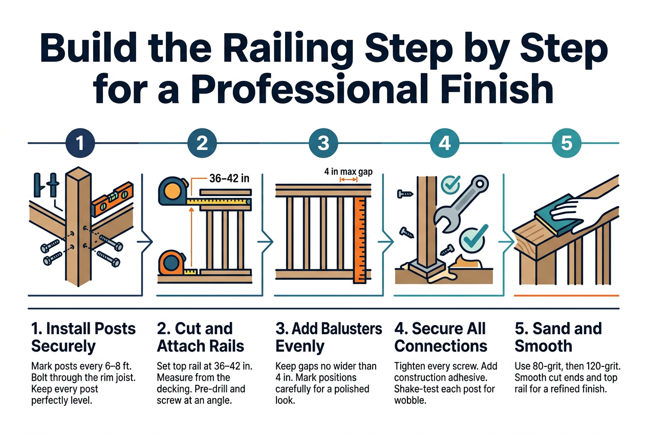 Create a full-bleed professional infographic illustration in a 3:2 aspect ratio, with a clean modern construction style, white background, navy blue and teal accents, orange safety highlights, and bold sans-serif typography.At the top, place a large bold headline: "Build the Railing Step by Step for a Professional Finish"Below the title, create five wide horizontal numbered sections laid out in a clean left-to-right or top-to-bottom sequence with clear visual hierarchy, each section using a circular number badge, a simple icon, a short subheading, and concise supporting text.Section 1, left side: a post-and-bolt icon showing a deck post being secured with carriage bolts and a level. Text: "1. Install Posts Securely" and smaller text: "Mark posts every 6โ8 ft. Bolt through the rim joist. Keep every post perfectly level."Section 2: a rail-measurement icon showing a tape measure and rail boards aligned at height. Text: "2. Cut and Attach Rails" and smaller text: "Set top rail at 36โ42 in. Measure from the decking. Pre-drill and screw at an angle."Section 3: a baluster-spacing icon showing evenly spaced vertical balusters with a ruler. Text: "3. Add Balusters Evenly" and smaller text: "Keep gaps no wider than 4 in. Mark positions carefully for a polished look."Section 4: a wrench-and-checkmark icon showing tightened connections and adhesive at a post base. Text: "4. Secure All Connections" and smaller text: "Tighten every screw. Add construction adhesive. Shake-test each post for wobble."Section 5: a sandpaper-and-smooth-surface icon showing sanded wood edges and a hand on the top rail. Text: "5. Sand and Smooth" and smaller text: "Use 80-grit, then 120-grit. Smooth cut ends and top rail for a refined finish."Use thin dividers or connected arrows between sections to suggest progression. Include small safety/code visual callouts near relevant sections: "36โ42 in" and "4 in max gap". Keep all text crisp, readable, and evenly spaced. Use a balanced wide layout with strong alignment, no centered vertical poster stack, and no inset frame.