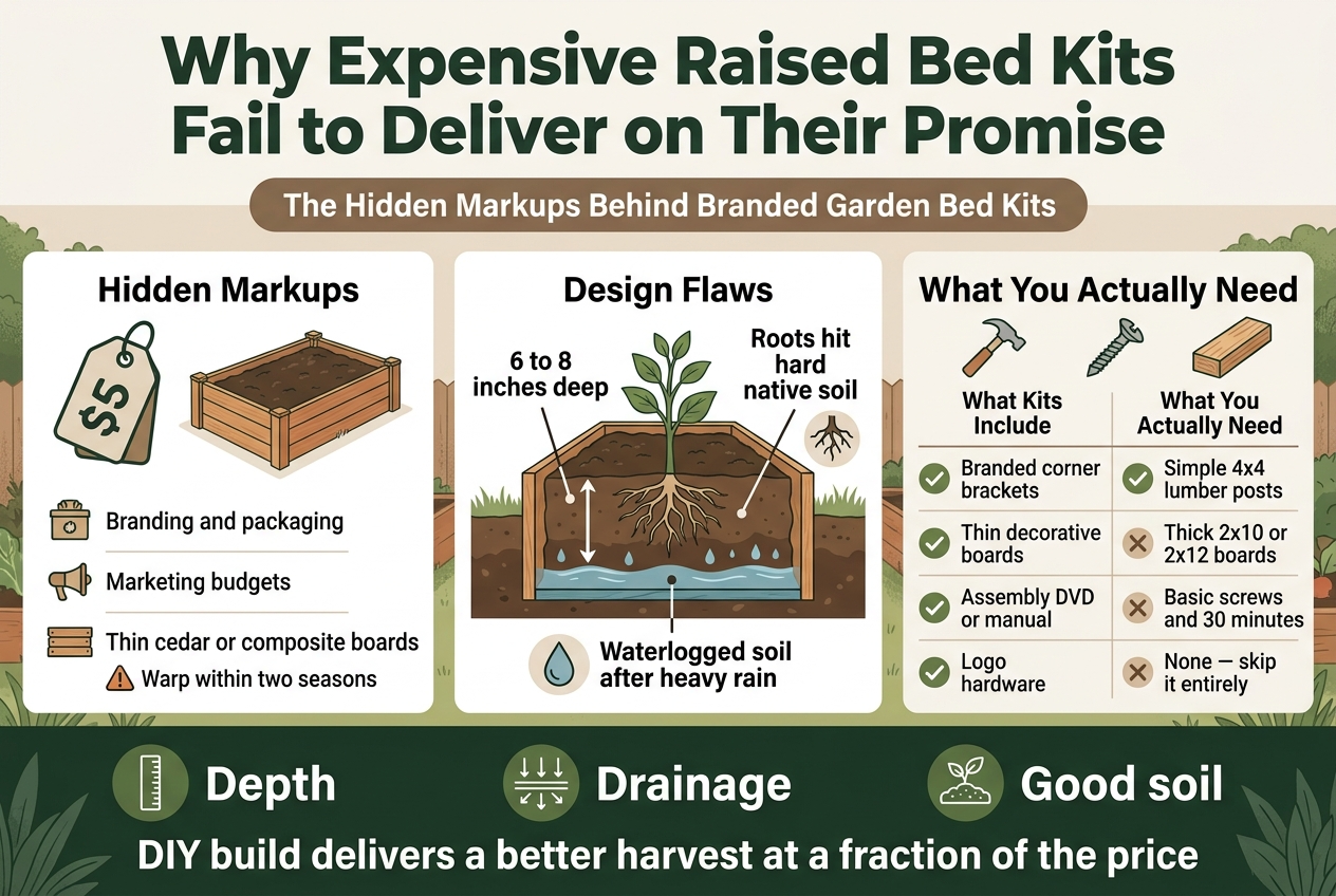 Create a clean professional infographic illustration in a full-bleed 3:2 landscape layout with no frame and no inset margins. Use a modern garden-themed palette of deep green, earthy brown, warm beige, and muted orange, with white background panels and dark charcoal text. Use bold sans-serif typography for the title and section headers, with smaller readable sans-serif body text.Top across the full width: large bold heading in dark green text:"Why Expensive Raised Bed Kits Fail to Deliver on Their Promise"Directly below the title, a smaller subtitle bar in muted brown:"The Hidden Markups Behind Branded Garden Bed Kits"Main body arranged in three wide horizontal sections from left to right and top to bottom, not a vertical poster stack.LEFT SECTION: a cost/value comparison panel with a large price-tag icon and a garden bed kit illustration.Header text:"Hidden Markups"Three short bullet points with small icons:"Branding and packaging""Marketing budgets""Thin cedar or composite boards"Include a small warning symbol next to the line:"Warp within two seasons"CENTER SECTION: a plant growth problem panel with a raised bed cross-section illustration showing shallow soil depth, roots hitting native soil, and poor drainage water pooling at the bottom. Use arrows and labels.Header text:"Design Flaws"Three bold callouts placed around the illustration:"6 to 8 inches deep""Roots hit hard native soil""Waterlogged soil after heavy rain"Add a small root icon near the roots and a water droplet icon near pooled water.RIGHT SECTION: a clean comparison panel with two columns and a simple table design. Use checkmarks for the useful items and X marks for the unnecessary items. Add a hammer, screw, and lumber icons.Header text:"What You Actually Need"Table text exactly:"What Kits Include""Branded corner brackets""Thin decorative boards""Assembly DVD or manual""Logo hardware""What You Actually Need""Simple 4x4 lumber posts""Thick 2x10 or 2x12 boards""Basic screws and 30 minutes""None โ skip it entirely"BOTTOM FULL-WIDTH STRIP: a final takeaway banner with three large icons spaced evenly: a depth ruler, a drainage symbol, and a soil/plant icon. Use a dark green banner with white text.Main takeaway text:"Depth""Drainage""Good soil"Final line in bold:"DIY build delivers a better harvest at a fraction of the price"Use subtle illustrated garden textures, simple line icons, and clear section dividers. Keep the layout balanced, readable, and infographic-style, with all text crisp and legible.