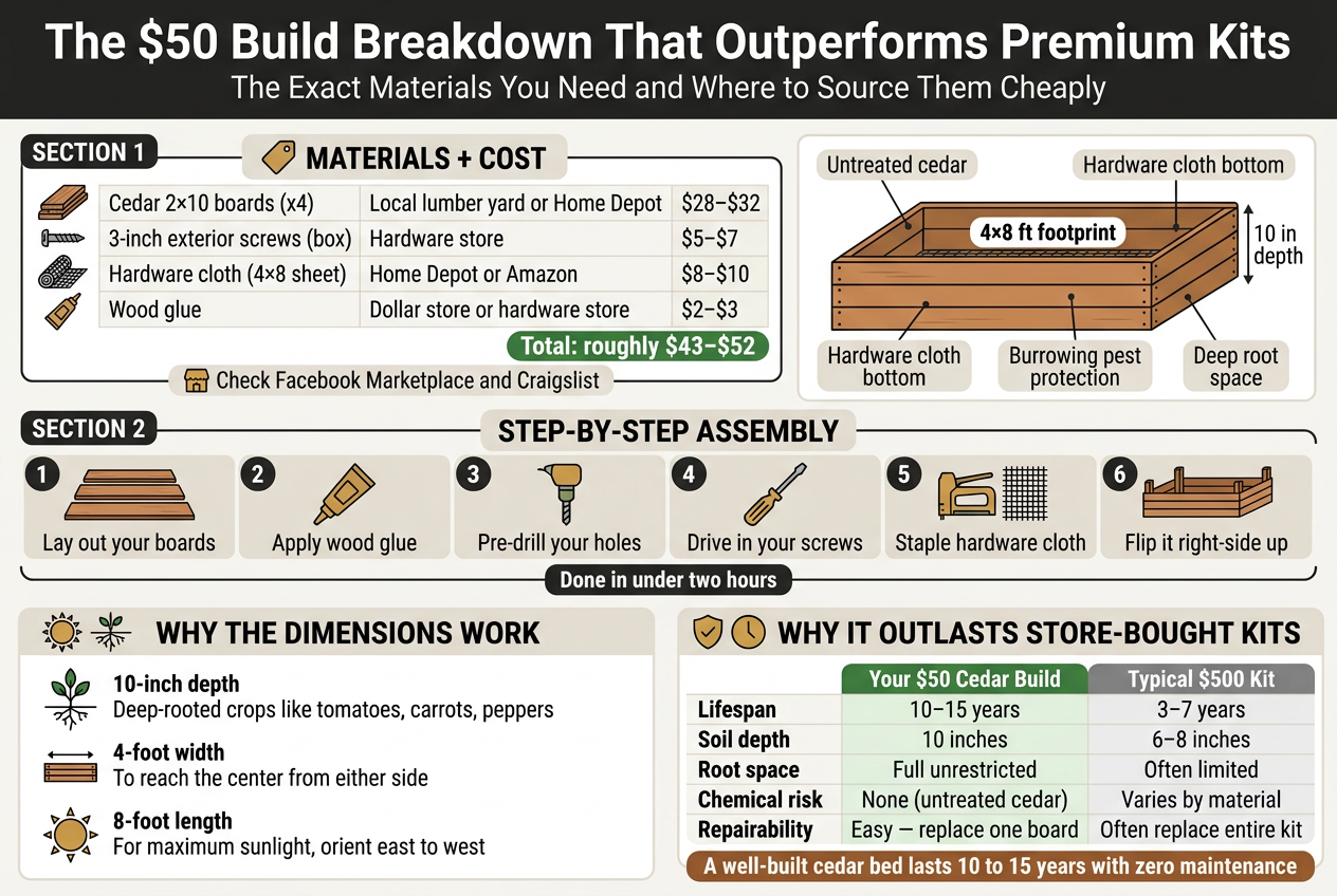 Create a full-bleed 3:2 horizontal infographic illustration with a clean modern DIY/gardening style, white background, dark charcoal text, cedar brown, forest green, and warm gold accents, using bold sans-serif headings and smaller readable sans-serif body text.Top banner across the full width:Large bold title text: "The $50 Build Breakdown That Outperforms Premium Kits"Smaller subtitle beneath: "The Exact Materials You Need and Where to Source Them Cheaply"Main layout: three wide horizontal sections from top to bottom, each with clear icons and boxed content, not a vertical poster.SECTION 1, left to right across the upper-middle:Left block header with a small price-tag icon and text: "MATERIALS + COST"Under it, a neat 4-row table with simple line icons beside each row:- Cedar boards icon of stacked lumber, text: "Cedar 2ร10 boards (x4)" | "Local lumber yard or Home Depot" | "$28โ$32"- Screw box icon, text: "3-inch exterior screws (box)" | "Hardware store" | "$5โ$7"- Mesh roll icon, text: "Hardware cloth (4ร8 sheet)" | "Home Depot or Amazon" | "$8โ$10"- Glue tube icon, text: "Wood glue" | "Dollar store or hardware store" | "$2โ$3"Below the table, bold highlighted total in a green pill shape: "Total: roughly $43โ$52"Add a small callout at bottom of this block with a marketplace tag icon and text: "Check Facebook Marketplace and Craigslist"Right block in the same row: a simple side-view illustration of a raised garden bed made from cedar boards, with a labeled dimension overlay:Large label on the illustration: "4ร8 ft footprint"Vertical arrow label: "10 in depth"Small caption callouts around the bed:"Untreated cedar""Hardware cloth bottom""Burrowing pest protection""Deep root space"SECTION 2, middle horizontal band:A numbered 1โ6 assembly strip with six small illustrated step panels, each with a bold number in a circle and a simple icon:1. "Lay out your boards" โ icon of boards on floor2. "Apply wood glue" โ glue tube icon3. "Pre-drill your holes" โ drill bit icon4. "Drive in your screws" โ screwdriver icon5. "Staple hardware cloth" โ staple gun and mesh icon6. "Flip it right-side up" โ rotated bed iconAbove the strip, bold header: "STEP-BY-STEP ASSEMBLY"Below the strip, a small bold banner: "Done in under two hours"SECTION 3, bottom horizontal band split into two wide comparison blocks:Left block header with sun and root icons: "WHY THE DIMENSIONS WORK"Include three short bullet callouts with icons:- "10-inch depth" โ deep-rooted crops like tomatoes, carrots, and peppers- "4-foot width" โ reach the center from either side- "8-foot length" โ maximum sunlight, orient east to westRight block header with shield and clock icons: "WHY IT OUTLASTS STORE-BOUGHT KITS"Include a simple comparison table with two columns and clear labels:Left column title in green: "Your $50 Cedar Build"Right column title in gray: "Typical $500 Kit"Rows with crisp text:"Lifespan" | "10โ15 years" | "3โ7 years""Soil depth" | "10 inches" | "6โ8 inches""Root space" | "Full unrestricted" | "Often limited""Chemical risk" | "None (untreated cedar)" | "Varies by material""Repairability" | "Easy โ replace one board" | "Often replace entire kit"At the bottom of this block, add a bold closing line inside a cedar-brown strip: "A well-built cedar bed lasts 10 to 15 years with zero maintenance"Use clean grid alignment, clear spacing, subtle shadowed boxes, simple flat vector icons, and strong visual hierarchy. Keep all text sharp and legible. No people. No decorative clutter.