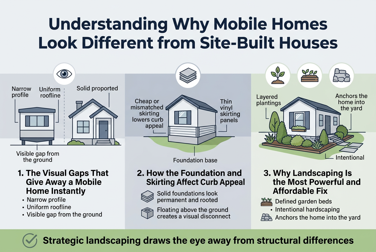 Create a clean, professional infographic illustration in 3:2 aspect ratio with a full-bleed layout, wide horizontal composition, no poster frame, no inset margins, and no narrow centered stack. Use a modern sans-serif font, strong visual hierarchy, and a color palette of slate blue, soft gray, white, and warm green accents.Top center: large bold title in dark navy text:"Understanding Why Mobile Homes Look Different from Site-Built Houses"Below the title, create a wide three-part horizontal infographic across the page with numbered sections and clear icons.Left section:A side-by-side visual comparison of a mobile home and a site-built house.- On the left, a simplified mobile home with a narrow profile, flat or uniform roofline, and a visible gap between the home and the ground.- On the right, a site-built house with a solid foundation, fuller proportions, and a grounded base.- Add a small eye icon above the comparison.Text beside or below this section in bold:"1. The Visual Gaps That Give Away a Mobile Home Instantly"Smaller caption text:"Narrow profile""Uniform roofline""Visible gap from the ground"Center section:A foundation and skirting visual block.- Show a home sitting above the ground with thin vinyl skirting panels.- Contrast it with a more permanent-looking foundation base.- Add an icon of stacked panels or a foundation block.Text in bold:"2. How the Foundation and Skirting Affect Curb Appeal"Smaller caption text:"Cheap or mismatched skirting lowers curb appeal""Solid foundations look permanent and rooted""Floating above the ground creates a visual disconnect"Right section:A landscaping transformation visual block showing the home anchored by plants.- Show layered shrubs, defined garden beds, and simple hardscaping around the base of the home.- Add icons of a plant, garden bed, and stone edging.Text in bold:"3. Why Landscaping Is the Most Powerful and Affordable Fix"Smaller caption text:"Layered plantings""Defined garden beds""Intentional hardscaping""Anchors the home into the yard"Add a bottom horizontal callout band in soft green with a checkmark icon on the left and bold text:"Strategic landscaping draws the eye away from structural differences"Use crisp line art, subtle shadows, and balanced spacing. Keep all text legible, neatly aligned, and integrated into the infographic design.