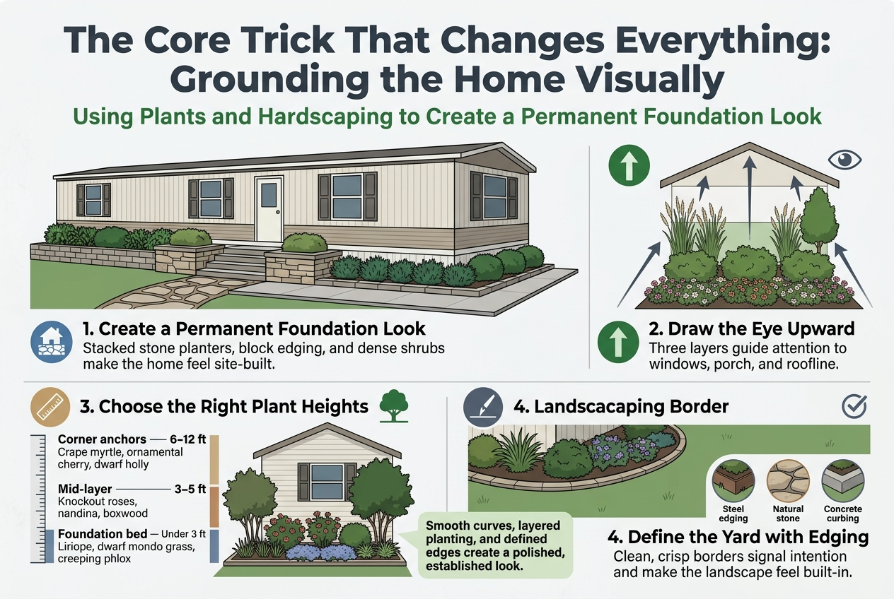 Create a full-bleed professional infographic in 3:2 aspect ratio with a clean modern home-improvement style. Use a wide horizontal layout, not a vertical poster. Background: soft off-white with subtle light gray texture. Accent colors: deep green, slate gray, warm tan, stone beige, and muted blue. Fonts: bold sans-serif for headings, clean sans-serif for body text. Top across the full width: large bold title in dark slate gray, exact text: "The Core Trick That Changes Everything: Grounding the Home Visually" Directly below the title in smaller green text: "Using Plants and Hardscaping to Create a Permanent Foundation Look"Main body divided into four wide sections with clear visual hierarchy and simple icon markers:1) Left upper section: a wide illustrated side view of a mobile home with skirting, showing dense landscaping placed against the base. Include stacked stone planters, concrete block edging, flagstone pathway, poured concrete border, and low evergreen shrubs. Add a small blue circular icon with a house silhouette and stone border. Label in bold: "1. Create a Permanent Foundation Look" Add short text: "Stacked stone planters, block edging, and dense shrubs make the home feel site-built."2) Right upper section: a diagram showing layered landscaping in three tiers with arrows pointing upward from the base to the roofline. Include three plant layers: ground flowers, mid-height shrubs, tall grasses/small tree. Add a green upward arrow icon and a small eye icon near the roofline. Label in bold: "2. Draw the Eye Upward" Add short text: "Three layers guide attention to windows, porch, and roofline."3) Bottom left section: a height-scale graphic beside a house elevation with three plant zones and height markers. Use three colored bars or plant silhouettes with labels. Include exact text:"Foundation bed" โ "Under 3 ft" โ "Liriope, dwarf mondo grass, creeping phlox""Mid-layer" โ "3โ5 ft" โ "Knockout roses, nandina, boxwood""Corner anchors" โ "6โ12 ft" โ "Crape myrtle, ornamental cherry, dwarf holly"Add a ruler icon and a small tree icon. Title for this block: "3. Choose the Right Plant Heights"4) Bottom right section: a landscaping border detail showing crisp curved edging around a planted bed with lawn outside the border. Include steel edging, natural stone, and concrete curbing as small visual samples. Add a sharp border line icon and a checkmark icon. Label in bold: "4. Define the Yard with Edging" Add short text: "Clean, crisp borders signal intention and make the landscape feel built-in."Include subtle callout text near the center bottom in a highlighted box with a soft green background: "Smooth curves, layered planting, and defined edges create a polished, established look."Use clear section dividers, balanced spacing, and strong visual contrast. Keep the composition wide and uncluttered, with all text legible and aligned to the content blocks.