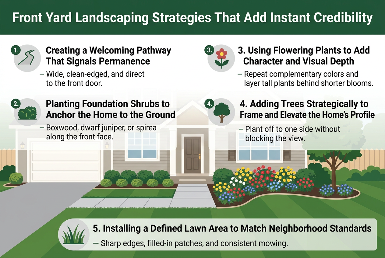 Create a clean, modern full-bleed infographic illustration in a 3:2 aspect ratio, with no border or inset frame, using a wide horizontal layout and clear visual hierarchy. Title at the top in large bold sans-serif text: "Front Yard Landscaping Strategies That Add Instant Credibility". Use a professional home-and-landscaping color palette of deep green, soft gray, warm tan, white, and accent colors of yellow, red, and blue. Background should feel bright, suburban, and polished.Arrange the content in 5 clearly separated numbered sections with icons, using a balanced multi-column layout: two sections on the left, two on the right, and one wide section across the bottom. Each section should have a small numbered circle, a bold subheading, a simple icon, and 1โ2 short supporting lines.Section 1 at upper left: a straight concrete or flagstone pathway leading from driveway to front door, with a path icon. Text: "1. Creating a Welcoming Pathway That Signals Permanence" and "Wide, clean-edged, and direct to the front door."Section 2 beneath it on the left: low foundation shrubs planted along the base of the home, with a shrub/hedge icon. Text: "2. Planting Foundation Shrubs to Anchor the Home to the Ground" and "Boxwood, dwarf juniper, or spirea along the front face."Section 3 at upper right: layered flowering beds with repeating color clusters, with a flower icon. Text: "3. Using Flowering Plants to Add Character and Visual Depth" and "Repeat complementary colors and layer tall plants behind shorter blooms."Section 4 beneath it on the right: a medium ornamental tree framing one side of the home, with a tree icon. Text: "4. Adding Trees Strategically to Frame and Elevate the Home's Profile" and "Plant off to one side without blocking the view."Section 5 across the bottom as a wide horizontal panel: a healthy, neatly edged lawn with sharp borders along walkways and beds, with a grass/lawn icon. Text: "5. Installing a Defined Lawn Area to Match Neighborhood Standards" and "Sharp edges, filled-in patches, and consistent mowing."Include a subtle illustrated house faรงade in the background or center area tying all sections together, showing pathway, shrubs, flowers, tree, and lawn in one cohesive front-yard scene. Use bold headings, smaller readable body text, crisp lines, and clean spacing.