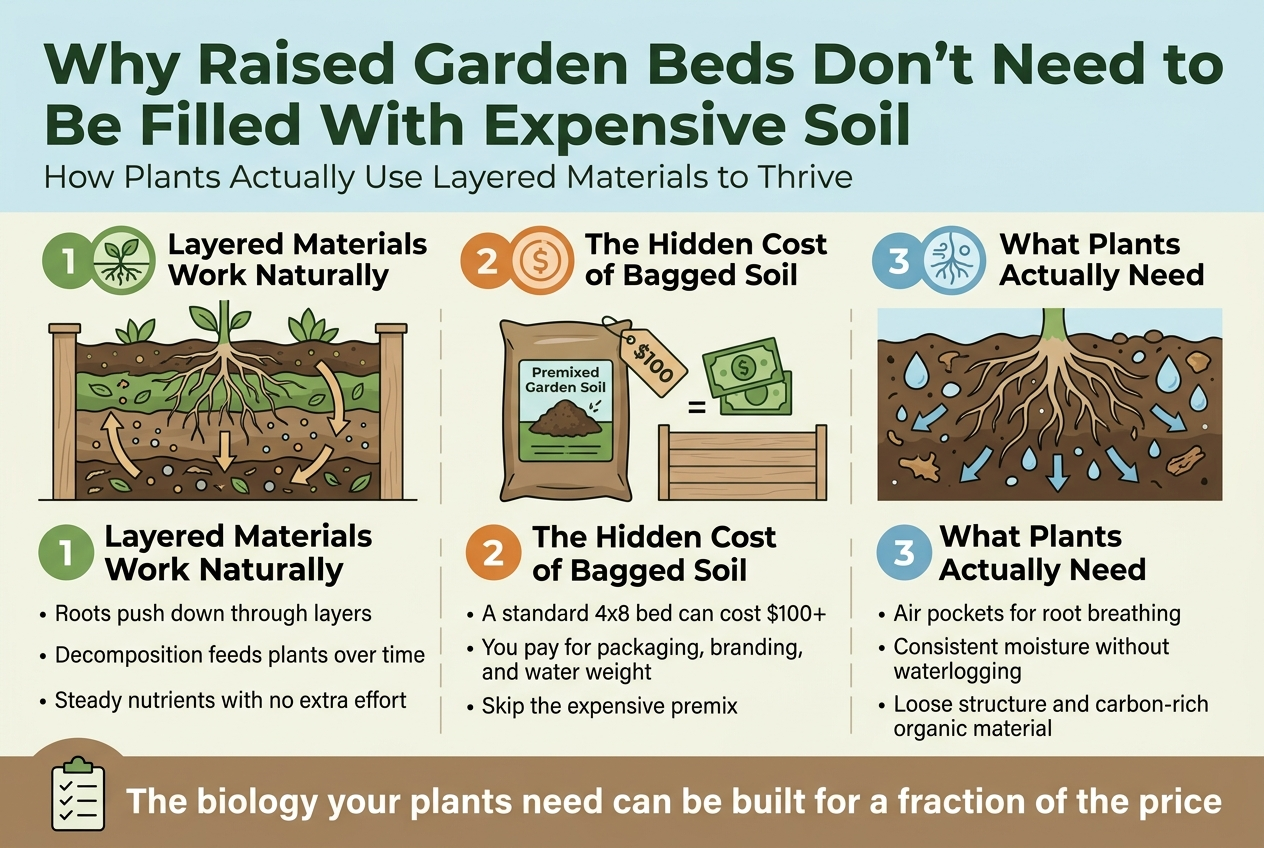 Create a clean, professional full-bleed infographic in 3:2 aspect ratio with a wide horizontal layout, modern sans-serif fonts, and a natural gardening color palette of earthy greens, soil browns, beige, and soft sky blue accents. Top header across the full width: large bold title text in dark green, centered-left:"Why Raised Garden Beds Don't Need to Be Filled With Expensive Soil"Subtitle directly below in smaller lighter text:"How Plants Actually Use Layered Materials to Thrive"Use three wide horizontal sections across the page, each with a clear numbered badge and icon.Left section: a cross-section illustration of a raised garden bed with stacked organic layers, roots growing downward through the layers, small nutrient particles and decomposition arrows. Add a green circular badge with number "1" and a leaf/roots icon. Include heading text:"Layered Materials Work Naturally"Include short body text:"Roots push down through layers""Decomposition feeds plants over time""Steady nutrients with no extra effort"Center section: show a bag of premixed garden soil with a price tag, next to a raised bed outline and money icons, with a simple cost comparison graphic. Add an orange circular badge with number "2" and a dollar-sign icon. Include heading text:"The Hidden Cost of Bagged Soil"Include short body text:"A standard 4x8 bed can cost $100+""You pay for packaging, branding, and water weight""Skip the expensive premix"Right section: show healthy roots in loose soil with air pockets, moisture droplets, drainage arrows, and organic matter pieces. Add a blue circular badge with number "3" and a root/air icon. Include heading text:"What Plants Actually Need"Include short body text:"Air pockets for root breathing""Consistent moisture without waterlogging""Loose structure and carbon-rich organic material"Add a bottom-wide summary band with a simple checklist icon and bold text:"The biology your plants need can be built for a fraction of the price"Use clear visual hierarchy, bold section headings, smaller readable body text, subtle dividers between sections, and clean icons throughout.