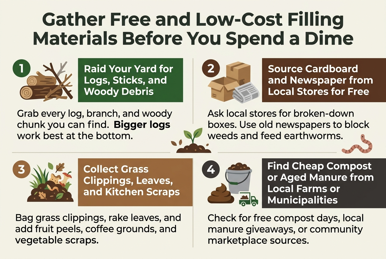 Create a full-bleed infographic in a clean modern flat vector style, aspect ratio 3:2, with a wide horizontal layout and no poster frame or inset border. Use a natural earthy color palette of forest green, warm brown, muted tan, soft gray, and dark charcoal text on an off-white background. Add a bold, large top heading spanning the width: "Gather Free and Low-Cost Filling Materials Before You Spend a Dime"Below the heading, arrange four wide horizontal sections in a 2x2 grid with clear spacing, each section with a numbered circle, a simple icon, a bold subheading, and short supporting text. Use clean sans-serif fonts, strong visual hierarchy, and crisp flat icons.Top left section:Numbered circle "1"Icon: yard logs, sticks, and woody debrisSubheading text: "Raid Your Yard for Logs, Sticks, and Woody Debris"Body text: "Grab every log, branch, and woody chunk you can find. Bigger logs work best at the bottom."Top right section:Numbered circle "2"Icon: stacked cardboard boxes and folded newspaperSubheading text: "Source Cardboard and Newspaper from Local Stores for Free"Body text: "Ask local stores for broken-down boxes. Use old newspapers to block weeds and feed earthworms."Bottom left section:Numbered circle "3"Icon: grass clippings, leaves, and kitchen scraps in a compost pileSubheading text: "Collect Grass Clippings, Leaves, and Kitchen Scraps"Body text: "Bag grass clippings, rake leaves, and add fruit peels, coffee grounds, and vegetable scraps."Bottom right section:Numbered circle "4"Icon: bucket of compost, manure, and a small farm or municipal pickup symbolSubheading text: "Find Cheap Compost or Aged Manure from Local Farms or Municipalities"Body text: "Check for free compost days, local manure giveaways, or community marketplace sources."Add subtle visual accents between sections using small leaf, soil, and worm motifs. Keep all text readable, balanced, and aligned left within each block. Use bold colored section headers, lighter body text, and consistent icon style throughout.