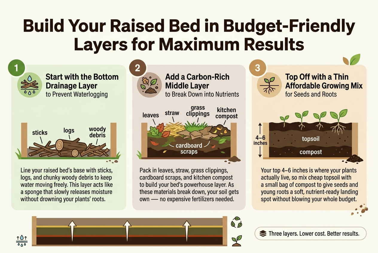 Create a clean professional infographic illustration in a wide 3:2 aspect ratio, full-bleed background with no frame, no poster border, and no narrow centered stack. Use a bright natural gardening palette with earthy browns, leafy greens, soft cream, and warm tan accents. Modern sans-serif fonts, bold title at top, clear hierarchy, crisp vector-style icons, balanced multi-section horizontal layout.TOP HEADER:Large bold heading across the top: "Build Your Raised Bed in Budget-Friendly Layers for Maximum Results"MAIN BODY:Divide the infographic into three wide horizontal sections or three side-by-side panels across the center, each with a numbered circle icon and a small illustrated layer diagram.LEFT SECTION:A green numbered circle with "1" and a drainage icon of sticks, logs, and woody debris at the bottom of a raised bed illustration.Heading text: "Start with the Bottom Drainage Layer"Subtext text: "to Prevent Waterlogging"Body text: "Line your raised bed's base with sticks, logs, and chunky woody debris to keep water moving freely. This layer acts like a sponge that slowly releases moisture without drowning your plants' roots."Visual labels near the layer: "sticks", "logs", "woody debris"CENTER SECTION:A brown numbered circle with "2" and an icon showing leaves, straw, grass clippings, cardboard scraps, and compost piled in the middle layer of a raised bed illustration.Heading text: "Add a Carbon-Rich Middle Layer"Subtext text: "to Break Down into Nutrients"Body text: "Pack in leaves, straw, grass clippings, cardboard scraps, and kitchen compost to build your bed's powerhouse layer. As these materials break down, your soil gets richer on its own — no expensive fertilizers needed."Visual labels near the layer: "leaves", "straw", "grass clippings", "cardboard scraps", "kitchen compost"RIGHT SECTION:A tan numbered circle with "3" and an icon showing a thin top growing mix layer with seedlings and roots.Heading text: "Top Off with a Thin Affordable Growing Mix"Subtext text: "for Seeds and Roots"Body text: "Your top 4–6 inches is where your plants actually live, so mix cheap topsoil with a small bag of compost to give seeds and young roots a soft, nutrient-ready landing spot without blowing your whole budget."Visual labels near the layer: "4–6 inches", "topsoil", "compost"BOTTOM STRIP:A simple horizontal visual of the three stacked layers in one raised bed cross-section with arrows pointing upward from base to top, and small icons for drainage, decomposition, and seedlings. Include a concise footer note in a small badge: "Three layers. Lower cost. Better results."STYLE DETAILS:Use clean white or very light cream background, subtle shadows, rounded rectangles for each section, and clear spacing. Add small leaf and soil texture accents, but keep it uncluttered. Emphasize the layered bed diagram with bold colored bands: dark brown bottom, mixed earthy middle, light topsoil top. Use high contrast text and simple gardening icons throughout.
