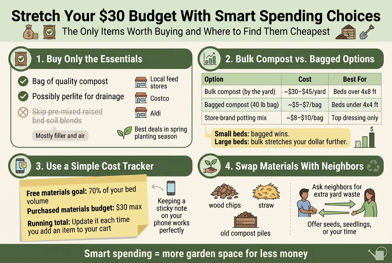 Create a clean, professional full-bleed infographic in a 3:2 aspect ratio with a wide horizontal layout, modern flat vector style, crisp sans-serif fonts, and a color palette of earthy greens, tan, brown, and soft blue accents. Use strong visual hierarchy with a bold title at the top and four organized content sections across the page in wide blocks, not a vertical poster.Top header across the full width:Large bold title text: "Stretch Your $30 Budget With Smart Spending Choices"Smaller subtitle beneath: "The Only Items Worth Buying and Where to Find Them Cheapest"Add a small icon row near the title: a money bag icon, a compost bag icon, and a shovel icon.Section 1 on the upper left, in a wide rounded rectangle with a compost bag icon:Heading text: "1. Buy Only the Essentials"Bullets with checkmark icons:"Bag of quality compost""Possibly perlite for drainage"Add a crossed-out icon next to a faded line of text: "Skip pre-mixed raised bed soil blends"Small note text at bottom of section: "Mostly filler and air"Add small store icons labeled: "Local feed stores", "Costco", "Aldi", with a spring leaf icon and text: "Best deals in spring planting season"Section 2 on the upper right, in a comparison table style block with a chart icon:Heading text: "2. Bulk Compost vs. Bagged Options"Create a clean 3-column table with headers:"Option" | "Cost" | "Best For"Row 1: "Bulk compost (by the yard)" | "~$30–$45/yard" | "Beds over 4x8 ft"Row 2: "Bagged compost (40 lb bag)" | "~$5–$7/bag" | "Beds under 4x4 ft"Row 3: "Store-brand potting mix" | "~$8–$10/bag" | "Top dressing only"Add a short highlighted callout beneath the table: "Small beds: bagged wins. Large beds: bulk stretches your dollar further."Use a simple bar icon or dollar-sign scale graphic beside the callout.Section 3 across the lower left, in a checklist block with a phone sticky-note icon:Heading text: "3. Use a Simple Cost Tracker"Show a sticky note graphic with three bold lines of text:"Free materials goal: 70% of your bed volume""Purchased materials budget: $30 max""Running total: Update it each time you add an item to your cart"Small phone icon with text beside it: "Keeping a sticky note on your phone works perfectly"Section 4 across the lower right, in a neighbor-sharing block with a seedling and swap icon:Heading text: "4. Swap Materials With Neighbors"Show small illustrated items with labels: "wood chips", "straw", "old compost piles"Add a friendly neighbor handoff illustration with arrows between two people and text:"Ask neighbors for extra yard waste""Offer seeds, seedlings, or your time"Use warm friendly icons and a subtle reuse/recycle motif.Footer band across the bottom in smaller bold text:"Smart spending = more garden space for less money"Add a subtle watering can icon at the far right.Keep all text sharp and readable, with balanced spacing, clear section dividers, and a clean infographic layout with no photo realism.