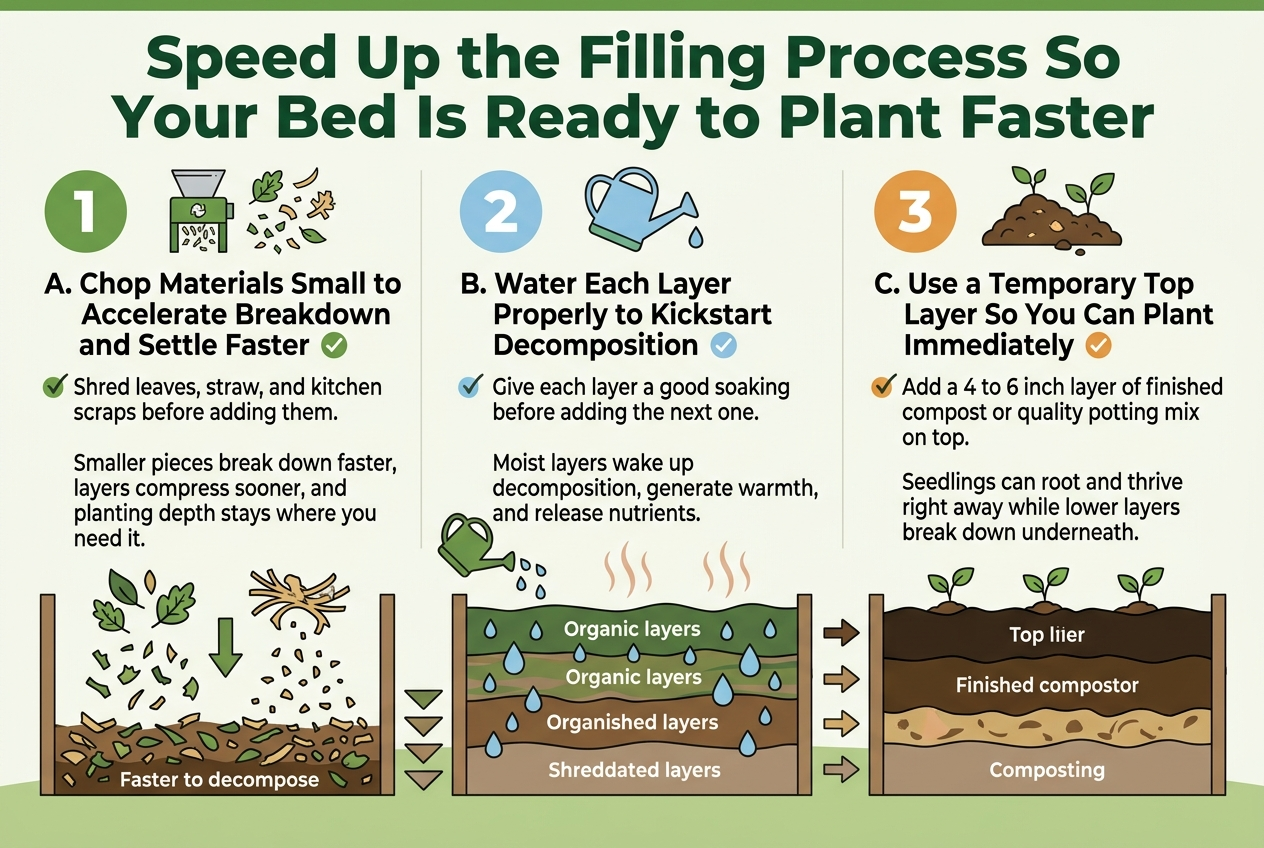 Full-bleed clean professional infographic illustration in 3:2 aspect ratio, landscape layout, no border, no inset frame. Top header band across the full width with a large bold title in dark green sans-serif: "Speed Up the Filling Process So Your Bed Is Ready to Plant Faster". Use a fresh gardening color palette of deep green, leaf green, earthy brown, warm beige, and soft sky blue accents. Below the title, create three wide horizontal content blocks or three equal columns across the page, each with a large numbered circle, a simple icon, a bold subheading, and short explanatory text. Use clear visual hierarchy, crisp typography, and plenty of white space.Left section, numbered "1" in a green circle with a small shredder/mulching icon and chopped leaves/straw scraps:"A. Chop Materials Small to Accelerate Breakdown and Settle Faster""Shred leaves, straw, and kitchen scraps before adding them.""Smaller pieces break down faster, layers compress sooner, and planting depth stays where you need it."Show shredded fragments becoming smaller and faster to decompose with downward settling arrows.Center section, numbered "2" in a blue circle with a watering can icon and layered bed being watered:"B. Water Each Layer Properly to Kickstart Decomposition""Give each layer a good soaking before adding the next one.""Moist layers wake up decomposition, generate warmth, and release nutrients."Show water droplets soaking through stacked organic layers with subtle warmth lines rising from the bed.Right section, numbered "3" in an orange circle with a compost mound and seedling icon:"C. Use a Temporary Top Layer So You Can Plant Immediately""Add a 4 to 6 inch layer of finished compost or quality potting mix on top.""Seedlings can root and thrive right away while lower layers break down underneath."Show a dark rich top layer over lighter composting layers, with small seedlings planted in the top layer.Use small arrows or layered cross-section graphics to show the bed filling from bottom to top. Include neat labels for the layers, a subtle garden-bed cross-section illustration spanning the lower half, and small checkmark accents near each main point. Keep all text exact and legible, with bold subheadings and smaller body text beneath.