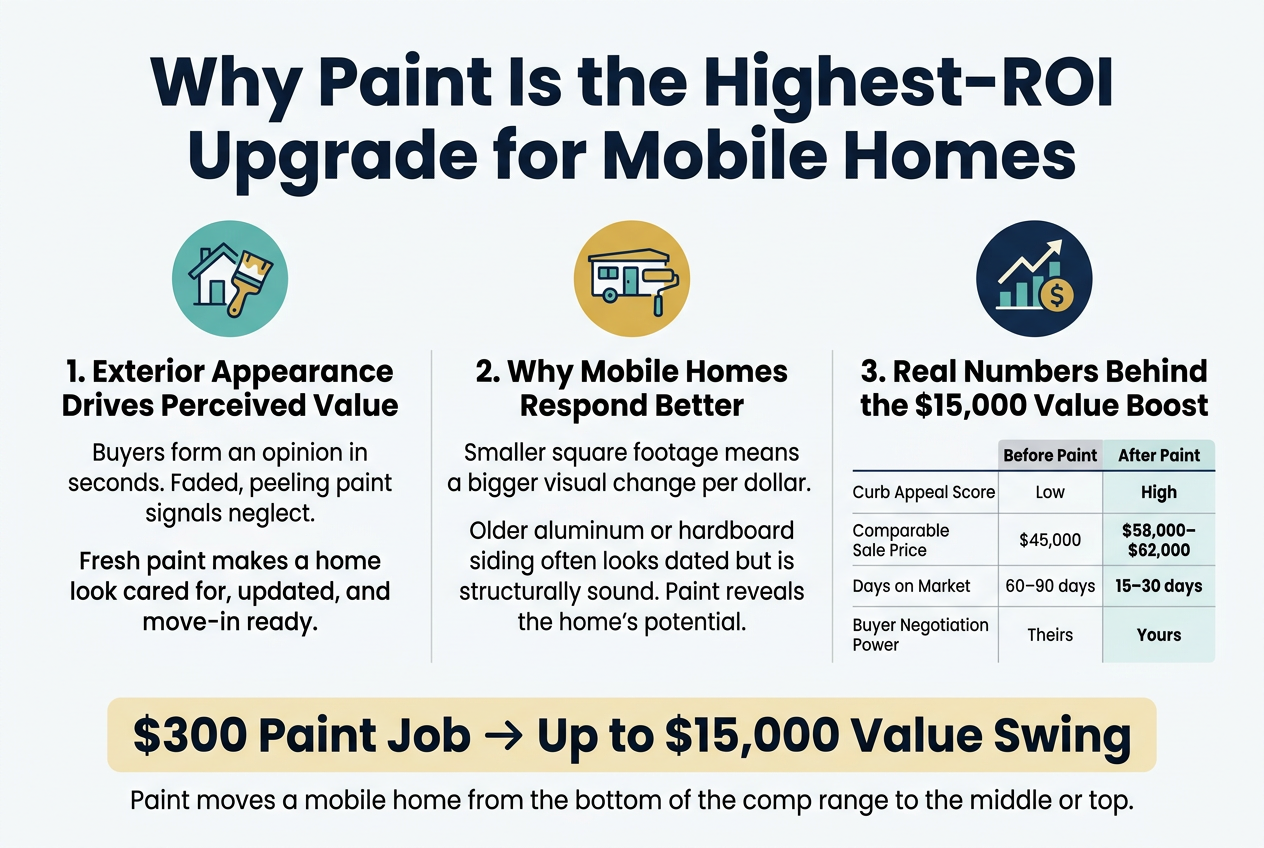 Create a clean, professional full-bleed infographic illustration in a 3:2 horizontal aspect ratio, modern flat vector style, white background with navy, teal, gold, and light gray accents, bold sans-serif typography, clear visual hierarchy, no inset frame, no vertical poster layout.Top across the full width: large bold title text in dark navy: "Why Paint Is the Highest-ROI Upgrade for Mobile Homes"Below the title, use three wide horizontal content blocks with icons and short text.LEFT BLOCK, with a small house-and-paintbrush icon in a teal circle:Heading: "1. Exterior Appearance Drives Perceived Value"Body text in two short lines:"Buyers form an opinion in seconds.""Faded, peeling paint signals neglect.""Fresh paint makes a home look cared for, updated, and move-in ready."CENTER BLOCK, with a mobile home and paint roller icon in a gold circle:Heading: "2. Why Mobile Homes Respond Better"Body text in two short lines:"Smaller square footage means a bigger visual change per dollar.""Older aluminum or hardboard siding often looks dated but is structurally sound.""Paint reveals the home's potential."RIGHT BLOCK, with a chart-up and dollar-sign icon in a navy circle:Heading: "3. Real Numbers Behind the $15,000 Value Boost"Place a clean comparison table with two columns labeled "Before Paint" and "After Paint" and four rows:" Curb Appeal Score | Low | High "" Comparable Sale Price | $45,000 | $58,000โ$62,000 "" Days on Market | 60โ90 days | 15โ30 days "" Buyer Negotiation Power | Theirs | Yours "Along the bottom, add a wide highlighted callout banner in pale gold with a bold statement and a small upward arrow icon:"$300 Paint Job โ Up to $15,000 Value Swing"Under the banner, add one short closing line in smaller dark gray text:"Paint moves a mobile home from the bottom of the comp range to the middle or top."Use simple icons, neat spacing, strong contrast, and a polished real-estate marketing infographic look.