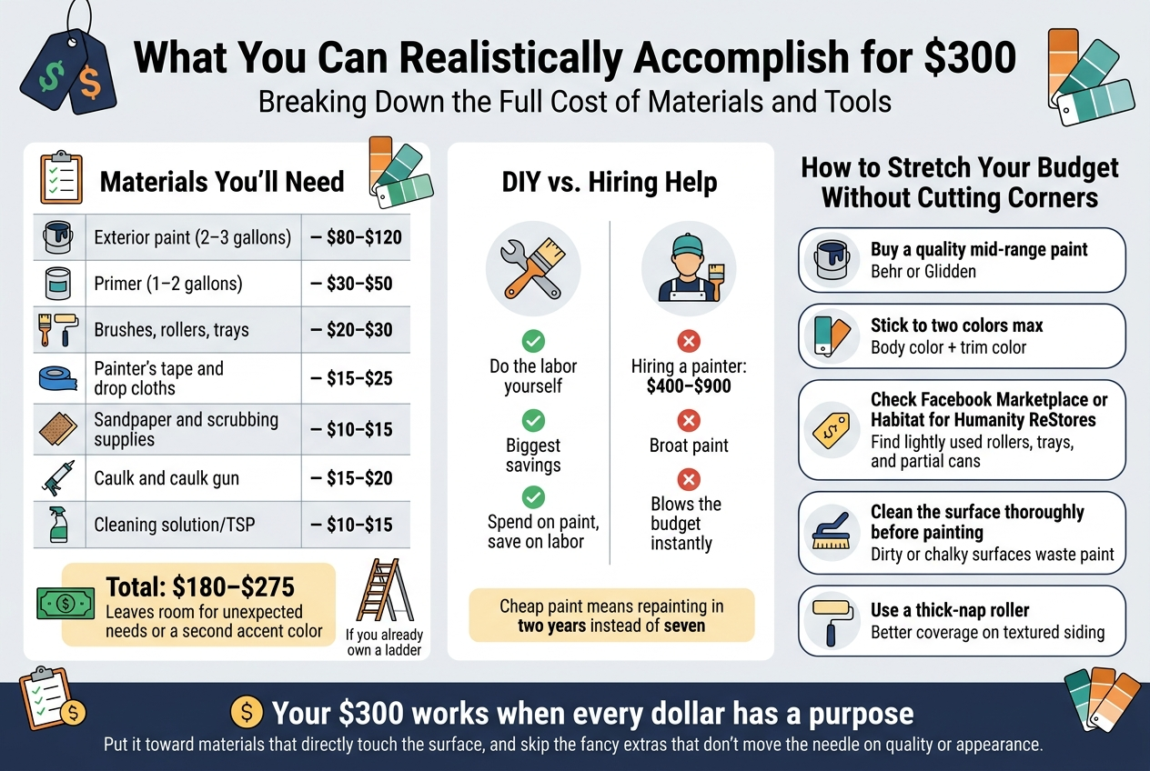 Create a clean, professional full-bleed infographic in a 3:2 aspect ratio, with a wide horizontal layout, modern flat design, and clear visual hierarchy. Use a light background with navy, teal, orange, and green accents. Use bold sans-serif fonts for headings and readable sans-serif body text. Include simple vector icons, price tags, paint cans, brushes, rollers, tape, ladder, hammer, piggy bank, checklist, and dollar symbols. No frame, no inset poster border, no narrow centered stack.TOP HEADER, full width:Large bold title centered at the top: "What You Can Realistically Accomplish for $300"Smaller subtitle directly below: "Breaking Down the Full Cost of Materials and Tools"SECTION 1, left side wide panel with a checklist and paint tool icons:Heading: "Materials Youโll Need"Show a neat two-column cost table with item names on the left and estimated cost ranges on the right, each row paired with a small icon.Text in table:"Exterior paint (2โ3 gallons) โ $80โ$120""Primer (1โ2 gallons) โ $30โ$50""Brushes, rollers, trays โ $20โ$30""Painterโs tape and drop cloths โ $15โ$25""Sandpaper and scrubbing supplies โ $10โ$15""Caulk and caulk gun โ $15โ$20""Cleaning solution/TSP โ $10โ$15"Add a highlighted callout box below the table with a money icon:"Total: $180โ$275""Leaves room for unexpected needs or a second accent color"Include a small ladder icon beside this callout and a note in smaller text:"If you already own a ladder"SECTION 2, center panel with split comparison graphics:Heading: "DIY vs. Hiring Help"Use a side-by-side comparison with two columns.Left column with a wrench/paintbrush icon and green check marks:"Do the labor yourself""Biggest savings""Spend on paint, save on labor"Right column with a painter icon and red X marks:"Hiring a painter: $400โ$900""Blows the budget instantly"Add a small highlighted note bar beneath:"Cheap paint means repainting in two years instead of seven"SECTION 3, right side panel with four smart-saving tips, each in a rounded rectangle with an icon:Heading: "How to Stretch Your Budget Without Cutting Corners"Tip 1 with a paint can icon:"Buy a quality mid-range paint""Behr or Glidden"Tip 2 with a two-color swatch icon:"Stick to two colors max""Body color + trim color"Tip 3 with a marketplace tag icon:"Check Facebook Marketplace or Habitat for Humanity ReStores""Find lightly used rollers, trays, and partial cans"Tip 4 with a cleaning brush icon:"Clean the surface thoroughly before painting""Dirty or chalky surfaces waste paint"Tip 5 with a thick roller icon:"Use a thick-nap roller""Better coverage on textured siding"BOTTOM SUMMARY BAR, full width across the bottom with a strong bold message and dollar icon:"Your $300 works when every dollar has a purpose"Smaller line beneath:"Put it toward materials that directly touch the surface, and skip the fancy extras that donโt move the needle on quality or appearance."Use clear section dividers, balanced spacing, and easy-to-scan infographic formatting. Add small decorative paint swatches and budget icons around the sections. Keep all text crisp, legible, and exactly as written.