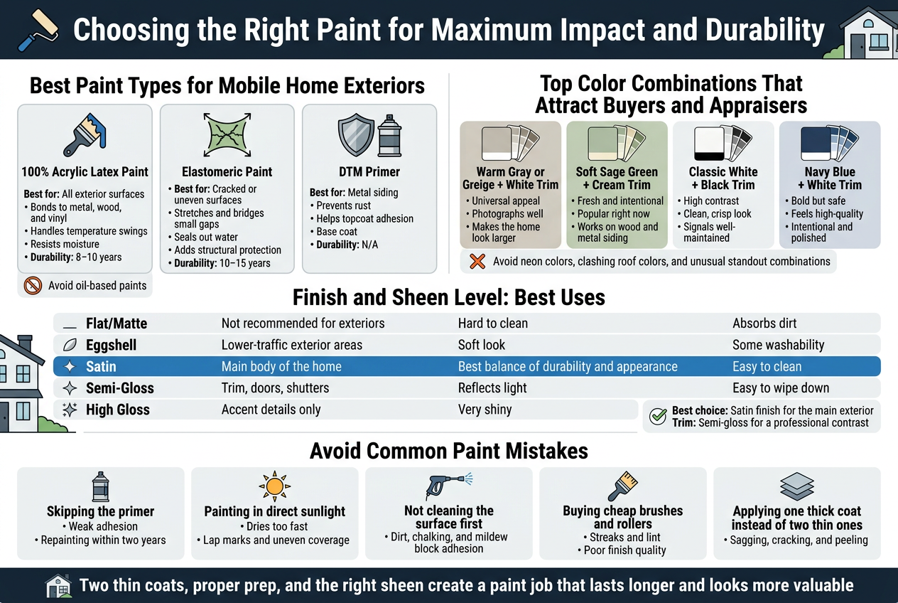 Create a full-bleed professional infographic in a 3:2 landscape layout with a clean modern design, white background, dark charcoal text, blue and green accent colors, and orange warning accents. Use bold sans-serif typography, strong visual hierarchy, and wide horizontal sections instead of a vertical poster layout.TOP HEADER:Large bold title centered across the top:"Choosing the Right Paint for Maximum Impact and Durability"Add a small paint roller icon and a house exterior icon near the title.SECTION 1 โ LEFT TOP WIDE BLOCK:Heading:"Best Paint Types for Mobile Home Exteriors"Use three side-by-side cards with icons and short descriptions.Card 1 with flexible paint brush icon:"100% Acrylic Latex Paint""Best for: All exterior surfaces""Bonds to metal, wood, and vinyl""Handles temperature swings""Resists moisture""Durability: 8โ10 years"Card 2 with stretchable crack-filling icon:"Elastomeric Paint""Best for: Cracked or uneven surfaces""Stretches and bridges small gaps""Seals out water""Adds structural protection""Durability: 10โ15 years"Card 3 with metal shield and primer can icon:"DTM Primer""Best for: Metal siding""Prevents rust""Helps topcoat adhesion""Base coat""Durability: N/A"Add a small warning line beneath these cards with a crossed-out oil can icon:"Avoid oil-based paints"SECTION 2 โ RIGHT TOP WIDE BLOCK:Heading:"Top Color Combinations That Attract Buyers and Appraisers"Use four color swatch panels with paint chip icons.Panel 1:"Warm Gray or Greige + White Trim""Universal appeal""Photographs well""Makes the home look larger"Panel 2:"Soft Sage Green + Cream Trim""Fresh and intentional""Popular right now""Works on wood and metal siding"Panel 3:"Classic White + Black Trim""High contrast""Clean, crisp look""Signals well-maintained"Panel 4:"Navy Blue + White Trim""Bold but safe""Feels high-quality""Intentional and polished"Add a small caution note with a red X icon:"Avoid neon colors, clashing roof colors, and unusual standout combinations"SECTION 3 โ CENTER WIDE BLOCK:Heading:"Finish and Sheen Level: Best Uses"Create a clean horizontal table-style layout with five rows and sheen icons.Row 1:"Flat/Matte""Not recommended for exteriors""Hard to clean""Absorbs dirt"Row 2:"Eggshell""Lower-traffic exterior areas""Soft look""Some washability"Row 3 highlighted in blue:"Satin""Main body of the home""Best balance of durability and appearance""Easy to clean"Row 4:"Semi-Gloss""Trim, doors, shutters""Reflects light""Easy to wipe down"Row 5:"High Gloss""Accent details only""Very shiny""Shows imperfections"Add a small callout box with a checkmark icon:"Best choice: Satin finish for the main exterior""Trim: Semi-gloss for a professional contrast"SECTION 4 โ BOTTOM WIDE BLOCK:Heading:"Avoid Common Paint Mistakes"Use five icon-based warning tiles arranged in a wide row or two-row grid.Tile 1 with primer can icon:"Skipping the primer""Weak adhesion""Repainting within two years"Tile 2 with sun icon:"Painting in direct sunlight""Dries too fast""Lap marks and uneven coverage"Tile 3 with pressure wash icon:"Not cleaning the surface first""Dirt, chalking, and mildew block adhesion"Tile 4 with low-quality brush icon:"Buying cheap brushes and rollers""Streaks and lint""Poor finish quality"Tile 5 with two thin coat layers icon:"Applying one thick coat instead of two thin ones""Sagging, cracking, and peeling"BOTTOM SUMMARY BAR ACROSS THE FULL WIDTH:Dark navy banner with white text and a small house-with-paint icon:"Two thin coats, proper prep, and the right sheen create a paint job that lasts longer and looks more valuable"Use clean spacing, clear icons, and balanced margins. Include subtle exterior house and paint-related decorative graphics only. No people. No clutter. No photo collage. No watermark. No extra text beyond the exact wording shown here.