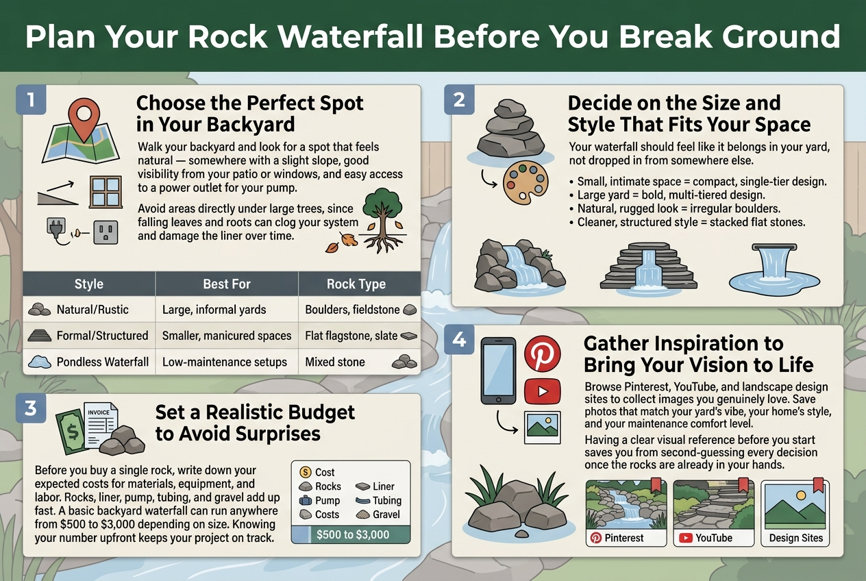 Create a clean professional infographic illustration in a 3:2 aspect ratio with a full-bleed wide layout, no poster frame, no inset border, and no narrow centered stack. Use a modern garden-inspired color palette of deep green, slate gray, warm beige, and soft blue accents. Use bold sans-serif typography for headings and readable sans-serif body text. Top header across the full width:Title in large bold text: "Plan Your Rock Waterfall Before You Break Ground"Below the title, arrange four wide horizontal content blocks or a 2x2 grid of panels with clear spacing and visual hierarchy, each panel with a colored number badge and an icon.Panel 1 on the upper left:Number badge: "1"Icon: a backyard map pin, small slope line, house window, and power outlet symbolHeading text: "Choose the Perfect Spot in Your Backyard"Body text:"Walk your backyard and look for a spot that feels natural — somewhere with a slight slope, good visibility from your patio or windows, and easy access to a power outlet for your pump.""Avoid areas directly under large trees, since falling leaves and roots can clog your system and damage the liner over time."Add small visual markers for slope, visibility, outlet, tree roots, and falling leaves.Panel 2 on the upper right:Number badge: "2"Icon: stacked rocks and a style paletteHeading text: "Decide on the Size and Style That Fits Your Space"Body text:"Your waterfall should feel like it belongs in your yard, not dropped in from somewhere else.""Small, intimate space = compact, single-tier design.""Large yard = bold, multi-tiered design.""Natural, rugged look = irregular boulders.""Cleaner, structured style = stacked flat stones."Include three small style illustrations aligned horizontally beneath the text: a rugged boulder waterfall, a formal stepped waterfall, and a pondless waterfall symbol.Inside the lower left section, include a neat comparison table with clear lines and alternating light background rows. Table heading above it: "Style | Best For | Rock Type"Table rows exactly:"Natural/Rustic | Large, informal yards | Boulders, fieldstone""Formal/Structured | Smaller, manicured spaces | Flat flagstone, slate""Pondless Waterfall | Low-maintenance setups | Mixed stone"Add tiny rock icons beside each row.Panel 3 on the lower left or centered left:Number badge: "3"Icon: dollar sign, invoice, rocks, pump, liner, tubing, gravelHeading text: "Set a Realistic Budget to Avoid Surprises"Body text:"Before you buy a single rock, write down your expected costs for materials, equipment, and labor.""Rocks, liner, pump, tubing, and gravel add up fast.""A basic backyard waterfall can run anywhere from $500 to $3,000 depending on size.""Knowing your number upfront keeps your project on track."Show a small cost breakdown graphic with labeled cost items and a price range bar displaying "$500 to $3,000".Panel 4 on the lower right:Number badge: "4"Icon: smartphone, Pinterest pin, YouTube play button, landscape photo thumbnailHeading text: "Gather Inspiration to Bring Your Vision to Life"Body text:"Browse Pinterest, YouTube, and landscape design sites to collect images you genuinely love.""Save photos that match your yard's vibe, your home's style, and your maintenance comfort level.""Having a clear visual reference before you start saves you from second-guessing every decision once the rocks are already in your hands."Show a collage strip of three inspiration thumbnails labeled "Pinterest", "YouTube", and "Design Sites", plus small bookmark icons.Use a subtle illustrated background with faint garden textures, stones, and flowing water accents, but keep all text highly legible. Use crisp iconography, neat alignment, and balanced spacing. Make the infographic feel organized, practical, and homeowner-friendly, with wide horizontal flow and clear section separation.