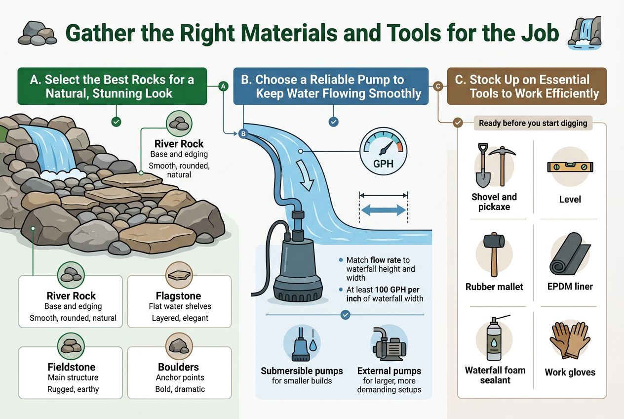 Create a full-bleed professional infographic in a clean modern style, aspect ratio 3:2, with a wide horizontal layout and no poster frame. Use a natural outdoor color palette of deep green, slate gray, river blue, tan, and warm brown, with white background panels and subtle stone-texture accents. Use bold sans-serif fonts for headings and smaller readable sans-serif body text.Top header across the full width: large bold title in dark green text, "Gather the Right Materials and Tools for the Job", with a small waterfall-and-rock icon beside it.Main content arranged in three wide horizontal sections with clear visual hierarchy:Section 1 on the left, titled in a bold green bar: "A. Select the Best Rocks for a Natural, Stunning Look"Include a large illustration cluster of mixed natural stones and a waterfall edge. Show different rock sizes layered naturally, with larger anchor rocks at the base and smaller stones filling gaps. Add four labeled rock cards in a 2x2 grid with small stone icons:- "River Rock" with subtext "Base and edging" and "Smooth, rounded, natural"- "Flagstone" with subtext "Flat water shelves" and "Layered, elegant"- "Fieldstone" with subtext "Main structure" and "Rugged, earthy"- "Boulders" with subtext "Anchor points" and "Bold, dramatic"Include small circular icons showing each rock type.Section 2 in the center, titled in a bold blue bar: "B. Choose a Reliable Pump to Keep Water Flowing Smoothly"Show a large submersible pump illustration connected to a waterfall stream, with a water-flow arrow. Add a simple gauge icon labeled "GPH" and a measurement graphic showing width-to-flow relationship. Include short callout text in two bullets:- "Match flow rate to waterfall height and width"- "At least 100 GPH per inch of waterfall width"Add two small pump option icons with labels:- "Submersible pumps" for smaller builds- "External pumps" for larger, more demanding setupsSection 3 on the right, titled in a bold brown bar: "C. Stock Up on Essential Tools to Work Efficiently"Show a neat tool spread with labeled icons arranged in a clean 2-column grid:- Shovel and pickaxe- Level- Rubber mallet- EPDM liner- Waterfall foam sealant- Work glovesUse simple line icons with subtle color fills. Add a small note banner reading "Ready before you start digging"Include thin connector lines, checkmark markers, and subtle numbered section indicators "A", "B", and "C". Keep all text crisp and legible, with strong spacing and balanced alignment. Use a clean infographic layout, modern, informative, and visually polished.