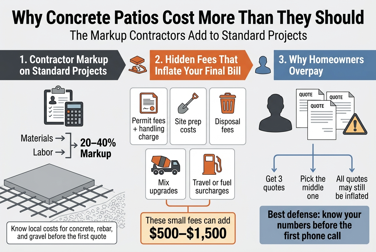 Create a clean, professional full-bleed infographic in a 3:2 aspect ratio with a wide horizontal layout, modern flat vector style, and a restrained construction-themed palette of charcoal gray, concrete gray, muted blue, orange, and white. Use bold sans-serif typography with strong visual hierarchy.Top header across the full width:Large bold title text: "Why Concrete Patios Cost More Than They Should"Smaller subtitle below: "The Markup Contractors Add to Standard Projects"Main layout: three wide horizontal sections arranged left to right with clear dividers and icons.Left section, titled in a dark gray header bar:"1. Contractor Markup on Standard Projects"Include a clipboard and calculator icon. Show a simple price breakdown graphic with arrows:"Materials""Labor""20–40% Markup"Add a small note box at the bottom:"Know local costs for concrete, rebar, and gravel before the first quote"Center section, titled in an orange header bar:"2. Hidden Fees That Inflate Your Final Bill"Include five small fee cards with distinct icons:Permit icon with text: "Permit fees + handling charge"Shovel icon with text: "Site prep costs"Trash bin icon with text: "Disposal fees"Mix truck icon with text: "Mix upgrades"Fuel pump icon with text: "Travel or fuel surcharges"Add a highlighted total box:"These small fees can add $500–$1,500"Right section, titled in a blue header bar:"3. Why Homeowners Overpay"Include a homeowner silhouette, three quote sheets, and a warning triangle icon. Show a simple flow:"Get 3 quotes""Pick the middle one""All quotes may still be inflated"Add a bold callout box at the bottom:"Best defense: know your numbers before the first phone call"Include subtle background line art of a concrete patio slab, rebar grid, and gravel texture. Use clean spacing, sharp edges, minimal shadows, and clear readable text. No people, no photo style, no clutter.
