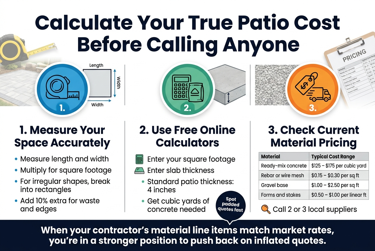 Create a clean, professional infographic in a 3:2 landscape aspect ratio with a full-bleed layout, no frame, no inset margins, and no narrow centered stack. Use a modern sans-serif font, bold dark navy headings, white background, teal and orange accent colors, and subtle gray lines and panels. Place a large bold title across the top: "Calculate Your True Patio Cost Before Calling Anyone"Use a wide 3-step horizontal layout across the middle and lower area, with three large blocks/sections separated by thin vertical dividers. Add clear numbered circular icons for each step.LEFT SECTION:A blue circular icon with a tape measure and ruler graphic. Heading: "1. Measure Your Space Accurately"Under it, show short bullet text:"Measure length and width""Multiply for square footage""For irregular shapes, break into rectangles""Add 10% extra for waste and edges"Include a simple top-down patio outline graphic with dimension arrows labeled "Length" and "Width".CENTER SECTION:A green circular icon with a calculator and concrete bag graphic. Heading: "2. Use Free Online Calculators"Under it, show short bullet text:"Enter your square footage""Enter slab thickness""Standard patio thickness: 4 inches""Get cubic yards of concrete needed"Include a small calculator screen graphic and a slab cross-section icon. Add a small callout badge: "Spot padded quotes fast"RIGHT SECTION:A orange circular icon with a price tag and truck graphic. Heading: "3. Check Current Material Pricing"Under it, show a clean mini table with the exact text:"Material | Typical Cost Range""Ready-mix concrete | $125 – $175 per cubic yard""Rebar or wire mesh | $0.15 – $0.30 per sq ft""Gravel base | $1.00 – $2.50 per sq ft""Forms and stakes | $0.50 – $1.00 per linear ft"Add a small magnifying glass icon next to a line reading: "Call 2 or 3 local suppliers"Along the bottom, add a bold dark navy conclusion banner spanning the width:"When your contractor's material line items match market rates, you're in a stronger position to push back on inflated quotes."Use subtle patio/construction imagery as faint background accents: measuring tape, concrete slab, gravel texture, and clipboard pricing sheet. Keep everything crisp, legible, evenly spaced, and visually balanced.