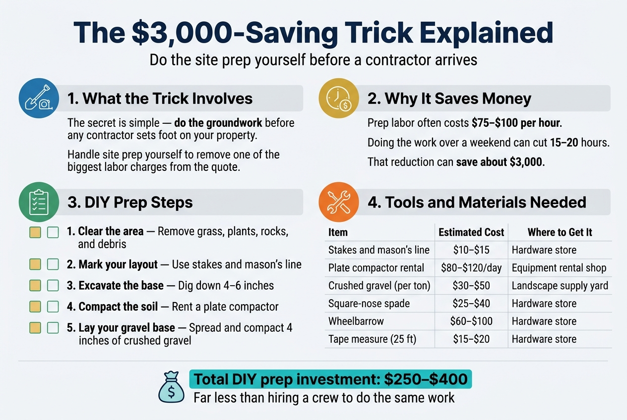 Create a clean professional full-bleed infographic in 3:2 aspect ratio with a wide horizontal layout, not a vertical poster. Use a modern sans-serif font, bold navy title, dark gray body text, and accent colors in teal, gold, and orange. White background with subtle light-gray dividers and simple flat icons.Top header across the full width:Large bold title: "The $3,000-Saving Trick Explained"Small subtitle beneath: "Do the site prep yourself before a contractor arrives"Below the header, use three wide horizontal content blocks arranged left-to-right and top-to-bottom in a balanced multi-column layout.Section 1 on the upper left with a blue circular icon of a shovel and measuring tape:Heading: "1. What the Trick Involves"Body text:"The secret is simple — do the groundwork before any contractor sets foot on your property.""Handle site prep yourself to remove one of the biggest labor charges from the quote."Section 2 on the upper center-right with a gold circular icon of a clock and dollar sign:Heading: "2. Why It Saves Money"Body text:"Prep labor often costs $75–$100 per hour.""Doing the work over a weekend can cut 15–20 hours.""That reduction can save about $3,000."Section 3 across the middle left with a green circular icon of a checklist:Heading: "3. DIY Prep Steps"Use five numbered steps with small square check icons:"1. Clear the area — Remove grass, plants, rocks, and debris""2. Mark your layout — Use stakes and mason's line""3. Excavate the base — Dig down 4–6 inches""4. Compact the soil — Rent a plate compactor""5. Lay your gravel base — Spread and compact 4 inches of crushed gravel"Section 4 across the middle-right with an orange circular icon of tools:Heading: "4. Tools and Materials Needed"Display a neat table-style block with three columns labeled:"Item" | "Estimated Cost" | "Where to Get It"Rows exactly:"Stakes and mason's line" | "$10–$15" | "Hardware store""Plate compactor rental" | "$80–$120/day" | "Equipment rental shop""Crushed gravel (per ton)" | "$30–$50" | "Landscape supply yard""Square-nose spade" | "$25–$40" | "Hardware store""Wheelbarrow" | "$60–$100" | "Hardware store""Tape measure (25 ft)" | "$15–$20" | "Hardware store"Bottom wide summary banner with a bold teal highlight and a small money bag icon:Text:"Total DIY prep investment: $250–$400""Far less than hiring a crew to do the same work"Use clear spacing, strong section headers, clean line icons, and a polished infographic hierarchy with the title at the top, cost-saving summary emphasized, and the step list and cost table easy to scan.