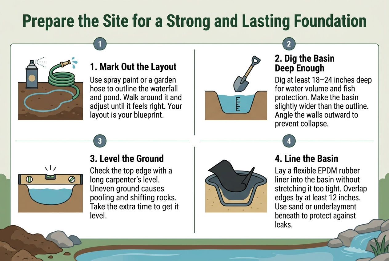 Create a clean professional infographic illustration in full-bleed 3:2 landscape format about pond and waterfall site preparation, with a modern outdoor landscaping style, blue-green earthy color palette, crisp white background panels, dark charcoal headings, and accent colors of teal, moss green, tan, and soft blue. Add a bold top title across the full width: "Prepare the Site for a Strong and Lasting Foundation".Below the title, organize the content into four wide horizontal sections or four equal columns across the page, each with a large numbered circle icon and a simple construction/landscaping illustration.Section 1 on the left: a spray paint can and garden hose icon beside a marked pond outline on soil. Heading text: "1. Mark Out the Layout". Body text: "Outline the waterfall and pond area with spray paint or a garden hose. Walk around it and adjust the shape before digging." Add a small note line: "Your layout is your blueprint."Section 2: a shovel and dug basin icon with depth markers. Heading text: "2. Dig the Pond Basin". Body text: "Dig at least 18–24 inches deep and slightly wider than the marked outline. Angle the walls outward to help prevent collapse." Show a vertical depth gauge labeled "18–24 in" and a wider excavation shape.Section 3: a carpenter's level resting across the basin edge with a balanced waterline. Heading text: "3. Level the Ground". Body text: "Use a long carpenter's level to keep the basin even. Uneven ground can cause water to pool and rocks to shift over time." Include a small level bubble graphic centered.Section 4 on the right: a flexible black EPDM liner laid inside the basin with sand or underlayment beneath it and overlapping edges. Heading text: "4. Line the Basin". Body text: "Place smooth sand or underlayment first, then lay the EPDM rubber liner loosely into the basin. Overlap the edges by at least 12 inches on all sides." Add a small label near the edge: "12 in overlap".Use clear typography with bold section headings, smaller readable body text, and simple vector-style icons. Include subtle arrows and checkmarks to guide the eye. Keep the layout spacious, balanced, and easy to read, with all text legible and aligned in a clean infographic grid.