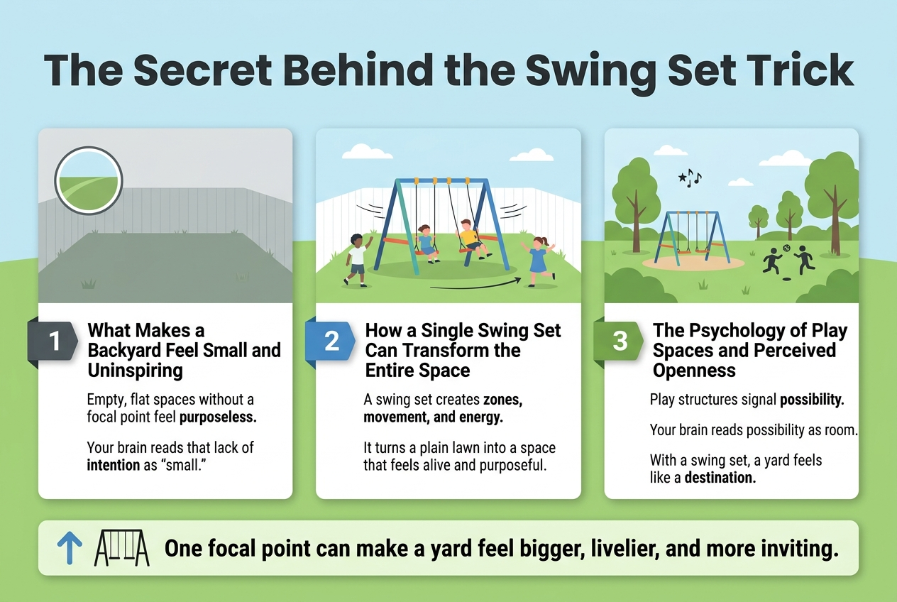 Create a full-bleed 3:2 landscape infographic with a clean modern design, soft outdoor colors, and a professional editorial style. Use a light sky-blue and fresh green palette with dark charcoal text, white card panels, subtle shadows, and simple flat vector illustrations. No border frame.Top across the full width: bold headline in large sans-serif type, centered-left:"The Secret Behind the Swing Set Trick"Below the headline, arrange three wide horizontal sections across the page in a left-to-right flow with clear visual hierarchy and numbered markers.Section 1 on the left: a muted gray-green backyard illustration with flat grass and no focal point, a small empty yard, and a simple circular icon of an empty field. Add a dark gray number badge:"1"Title text beside it in bold:"What Makes a Backyard Feel Small and Uninspiring"Body text below in smaller type:"Empty, flat spaces without a focal point feel purposeless.""Your brain reads that lack of intention as 'small.'"Section 2 in the center: a brighter backyard illustration with a colorful swing set as the focal point, showing motion lines, kids nearby, and a clear landing point for the eye. Add a blue number badge:"2"Title text in bold:"How a Single Swing Set Can Transform the Entire Space"Body text below in smaller type:"A swing set creates zones, movement, and energy.""It turns a plain lawn into a space that feels alive and purposeful."Section 3 on the right: a more open, lively park-like yard scene with a swing set, trees, and active play symbols. Add a green number badge:"3"Title text in bold:"The Psychology of Play Spaces and Perceived Openness"Body text below in smaller type:"Play structures signal possibility.""Your brain reads possibility as room.""With a swing set, a yard feels like a destination."Across the bottom, place a thin highlighted takeaway band with an icon of an upward arrow and a small swing-set silhouette, and include the text in bold:"One focal point can make a yard feel bigger, livelier, and more inviting."Use consistent sans-serif fonts, strong contrast, clean spacing, and clear section dividers. Keep all text legible and aligned in a balanced wide infographic layout.